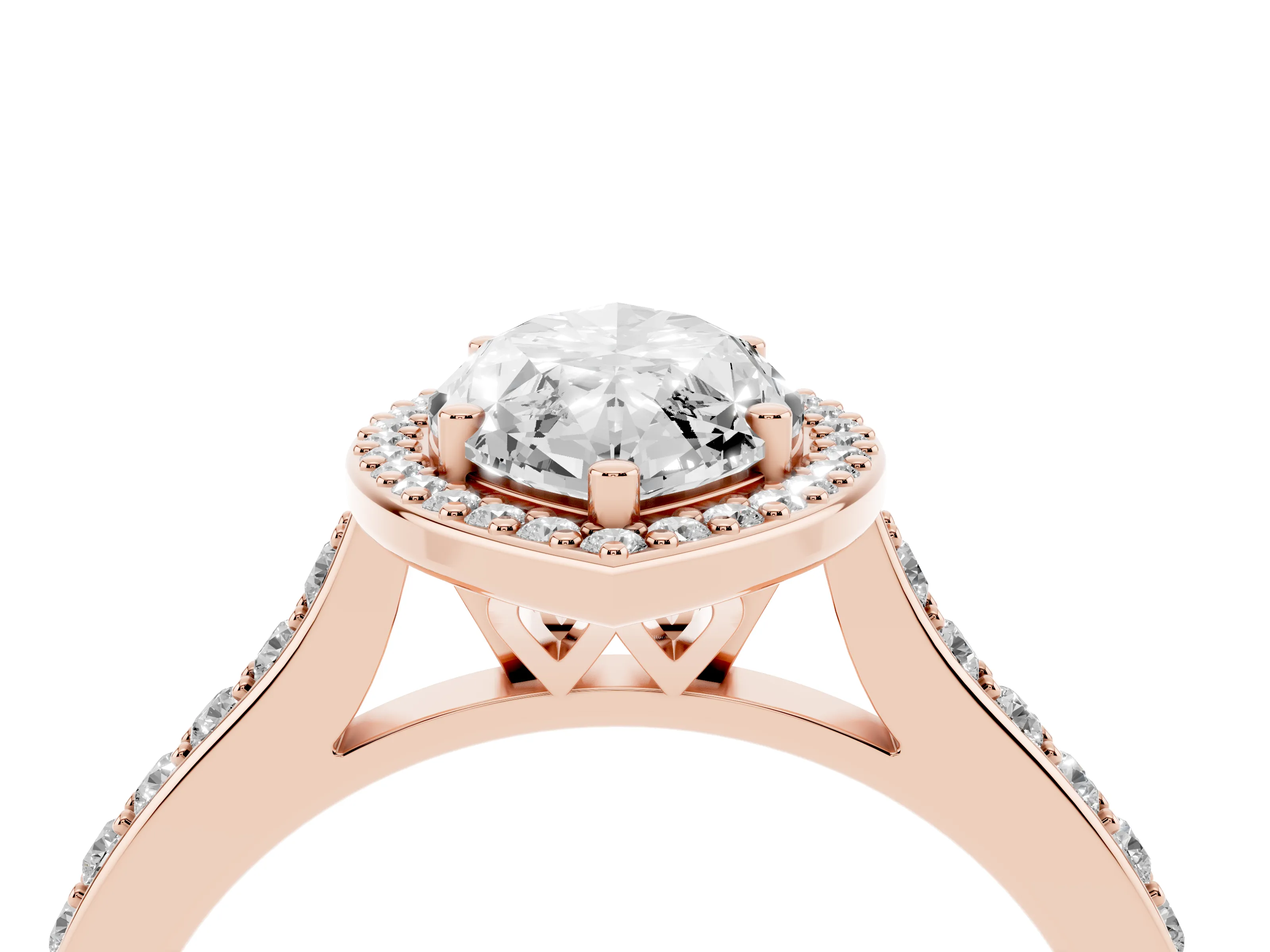 Marquise Cut Diamond Halo Engagement Ring Set in Rose gold with Round Pavé Shoulders and Heart Gallery