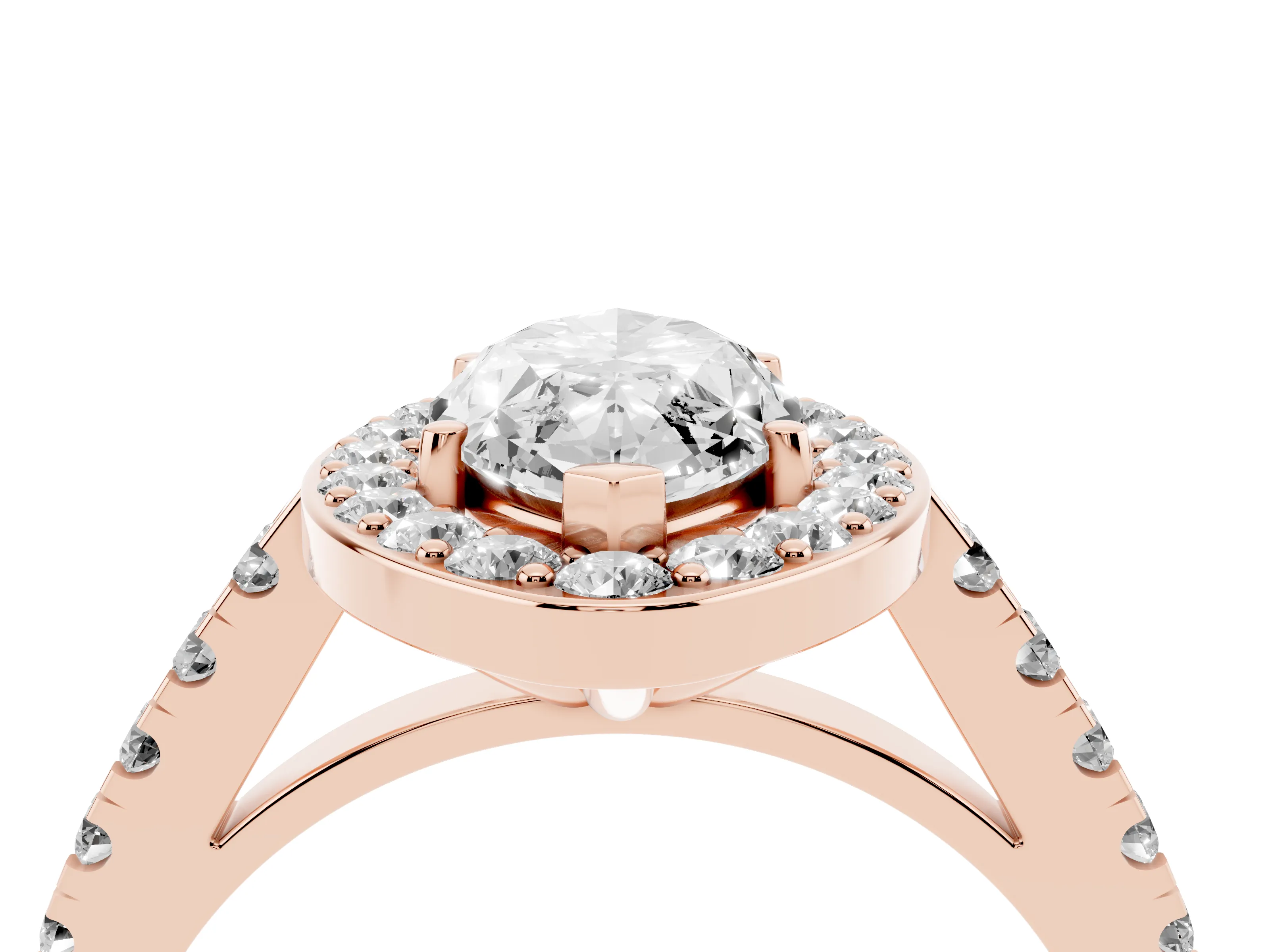 Marquise Cut Diamond Halo Ring Set in Rose gold with Round Pavé Split Shank and Prong Setting