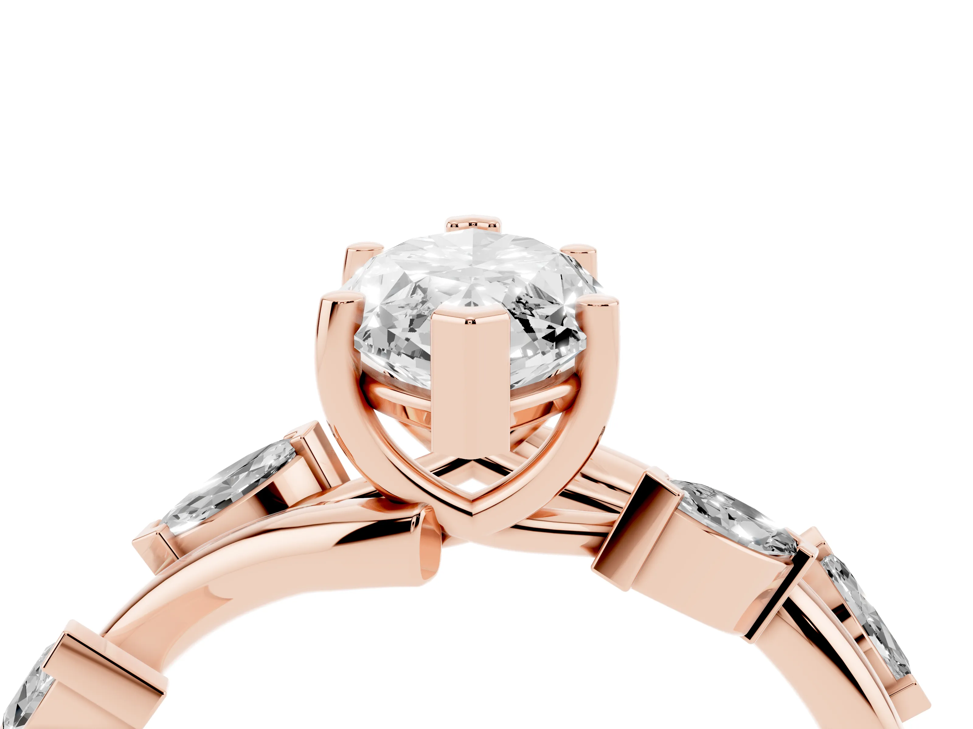 Marquise Cut Diamond Solitaire Ring Set in Rose gold with Twisted Marquise Accent Band