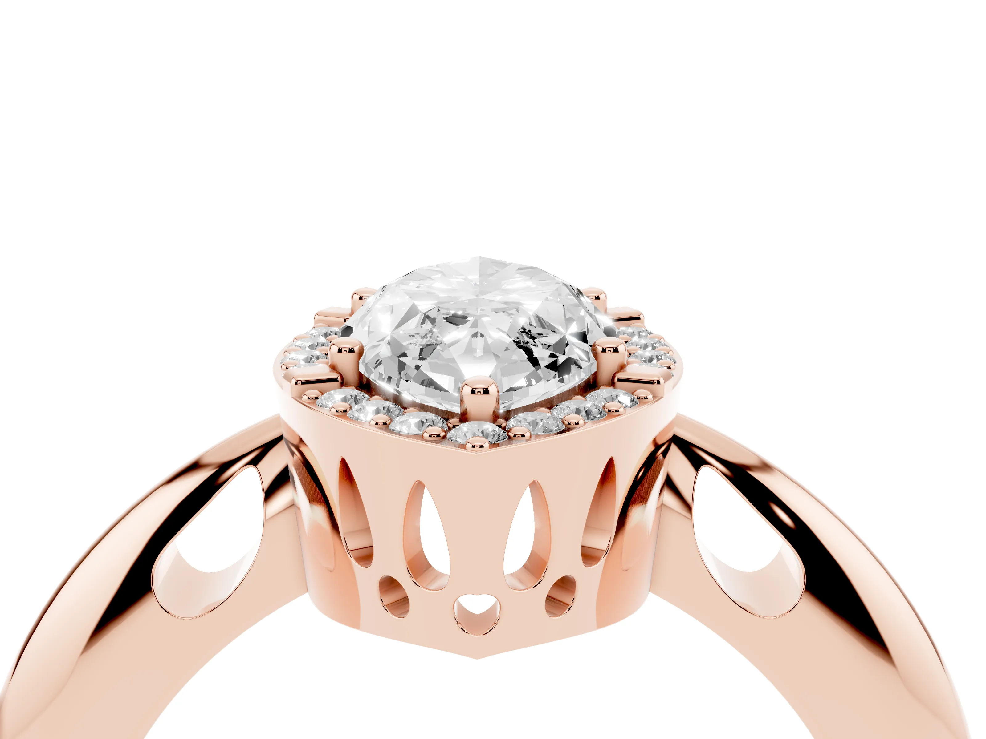 Marquise Cut Diamond Halo Engagement Ring Set in Rose gold with Plain Split Shank and Prong Setting