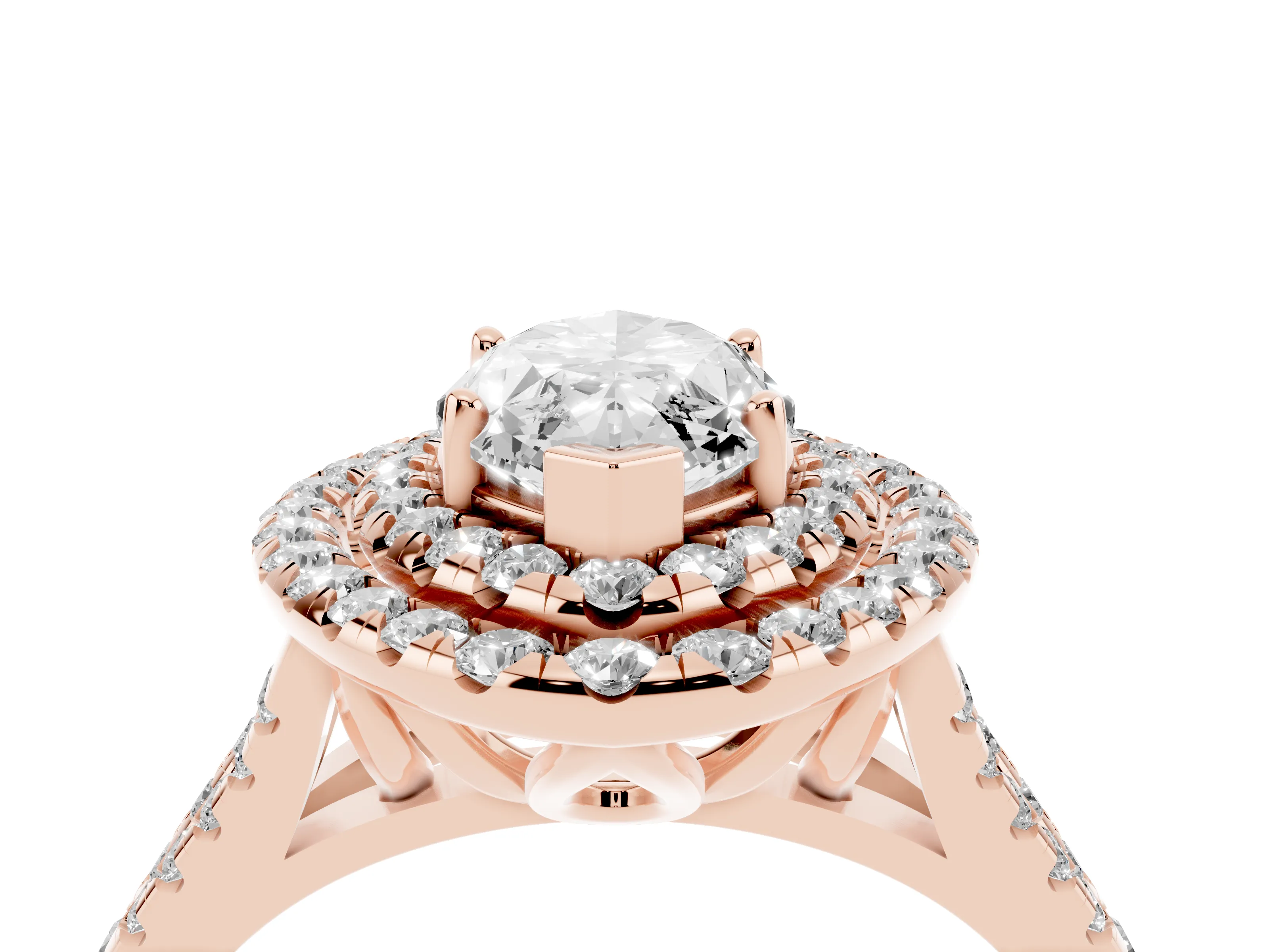 Marquise Cut Diamond Double Halo Ring Set in Rose gold with Pavé Split Shank and Prong Setting