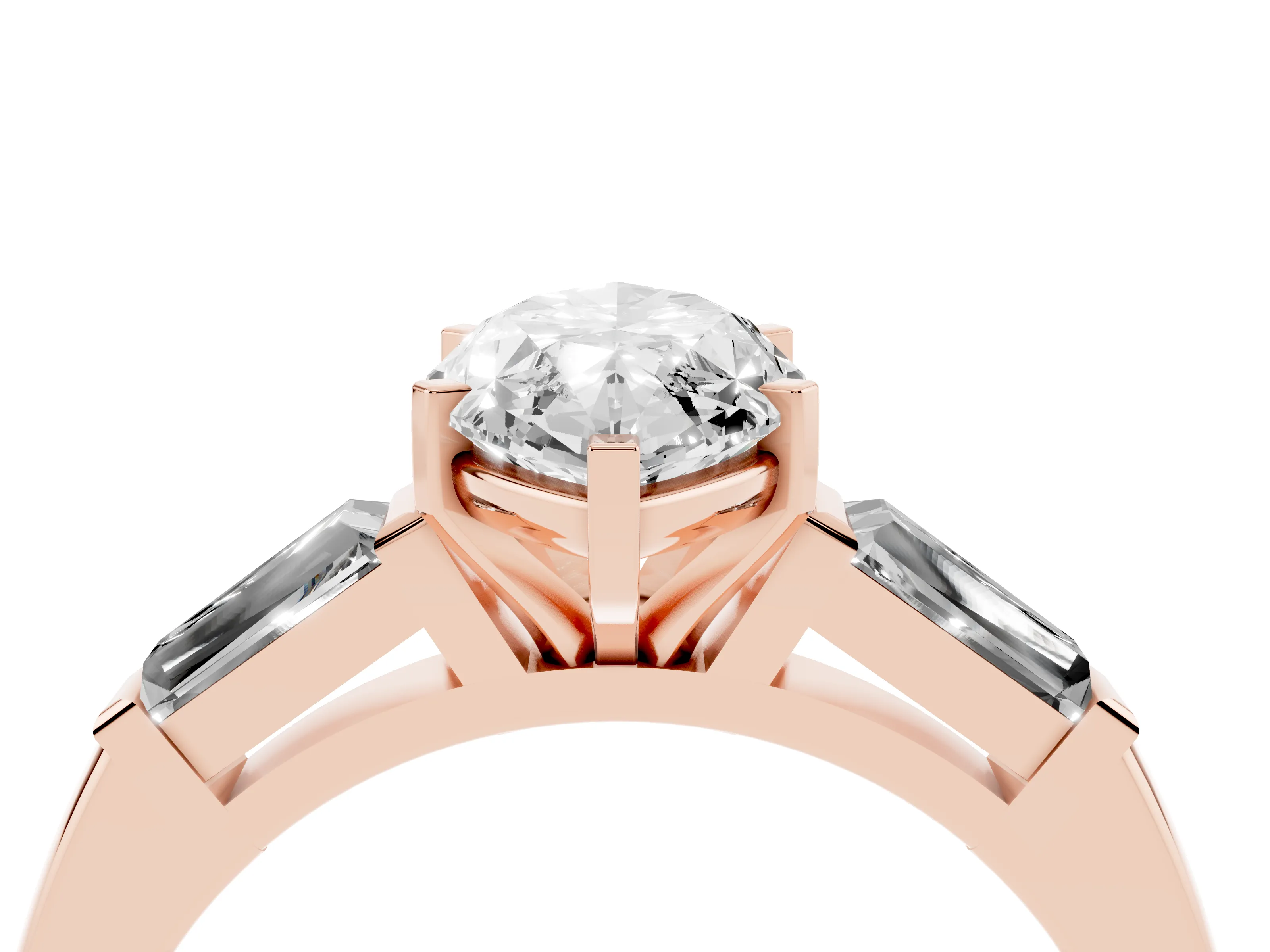 Marquise Cut Diamond Solitaire Ring Set in Rose gold with Tapered Baguette Side Stones and Prong Setting