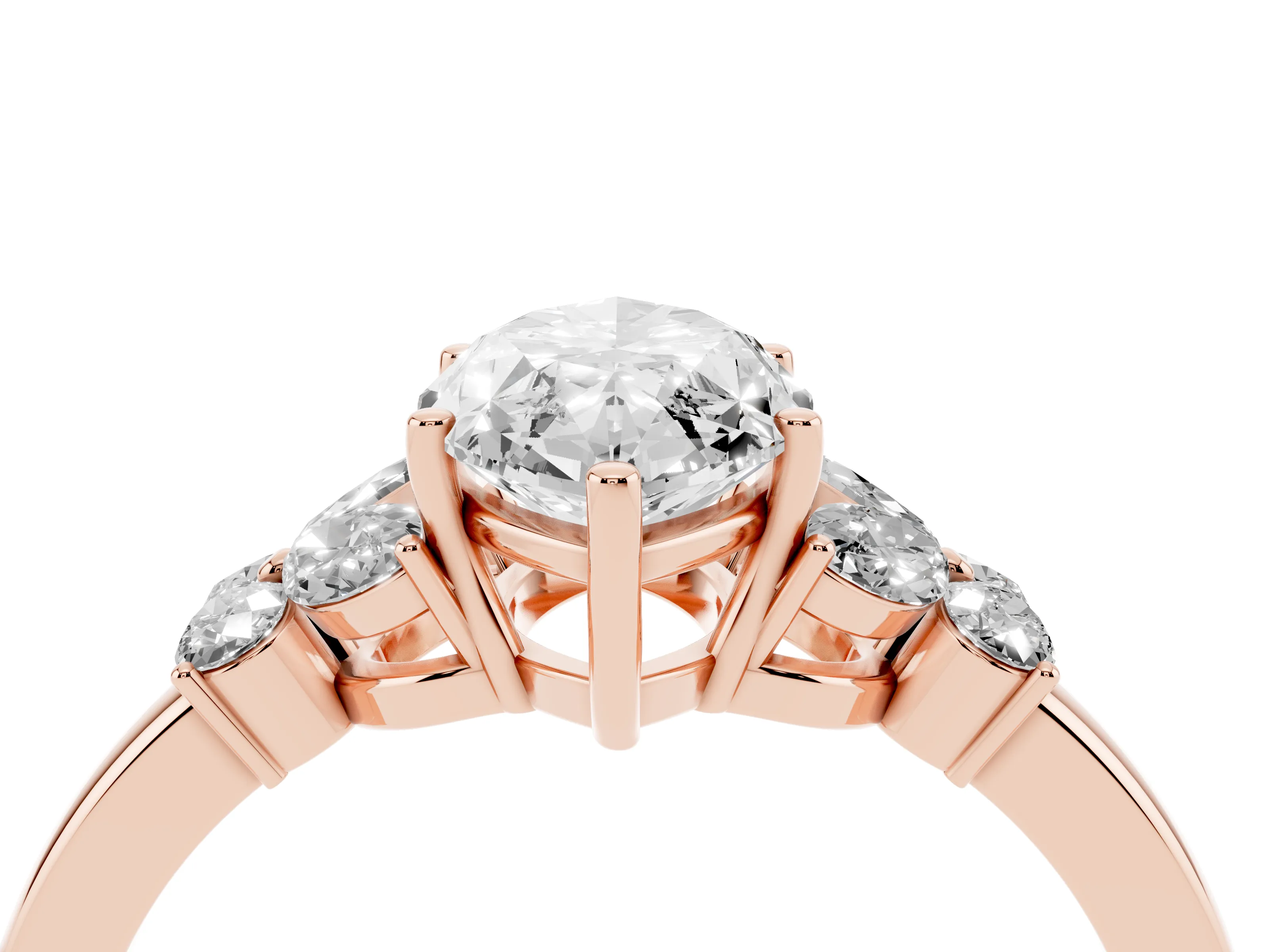 Marquise Cut Diamond Solitaire Floral Ring Set in Rose gold with Marquise Petals and Prong Setting