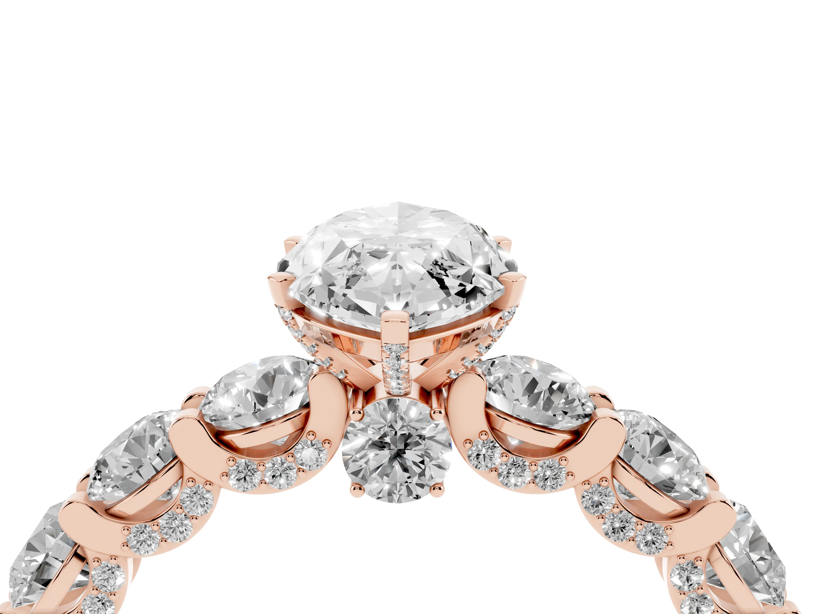 Marquise Cut Diamond Side Stone Ring Set in Rose gold with Alternating Round and Oval Side Stones