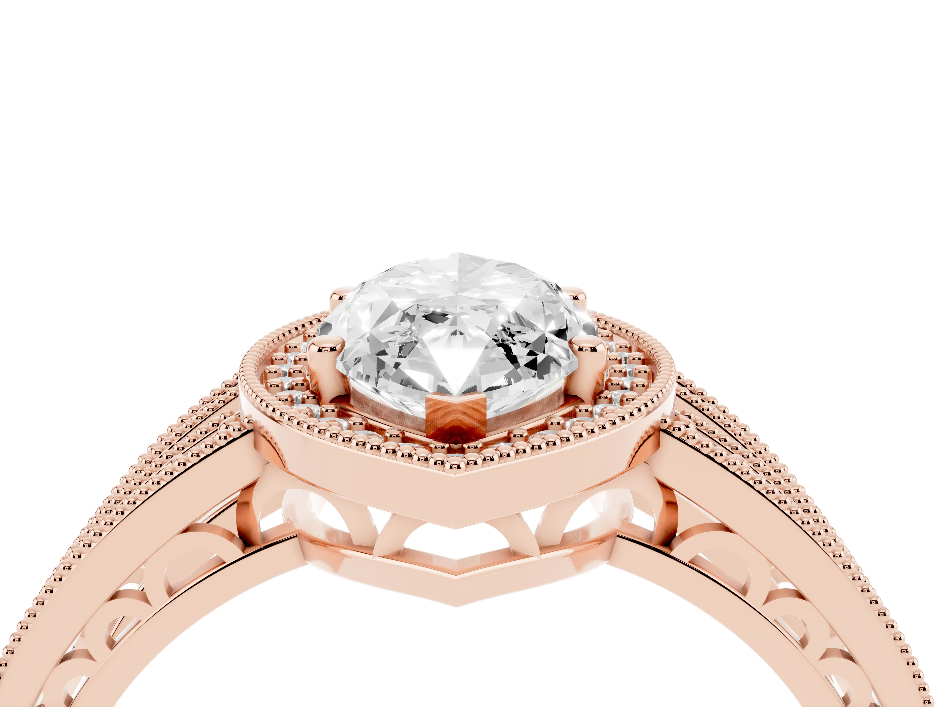 Marquise Cut Diamond Halo Ring Set in Rose gold with Accent Split Shank and Prong Setting