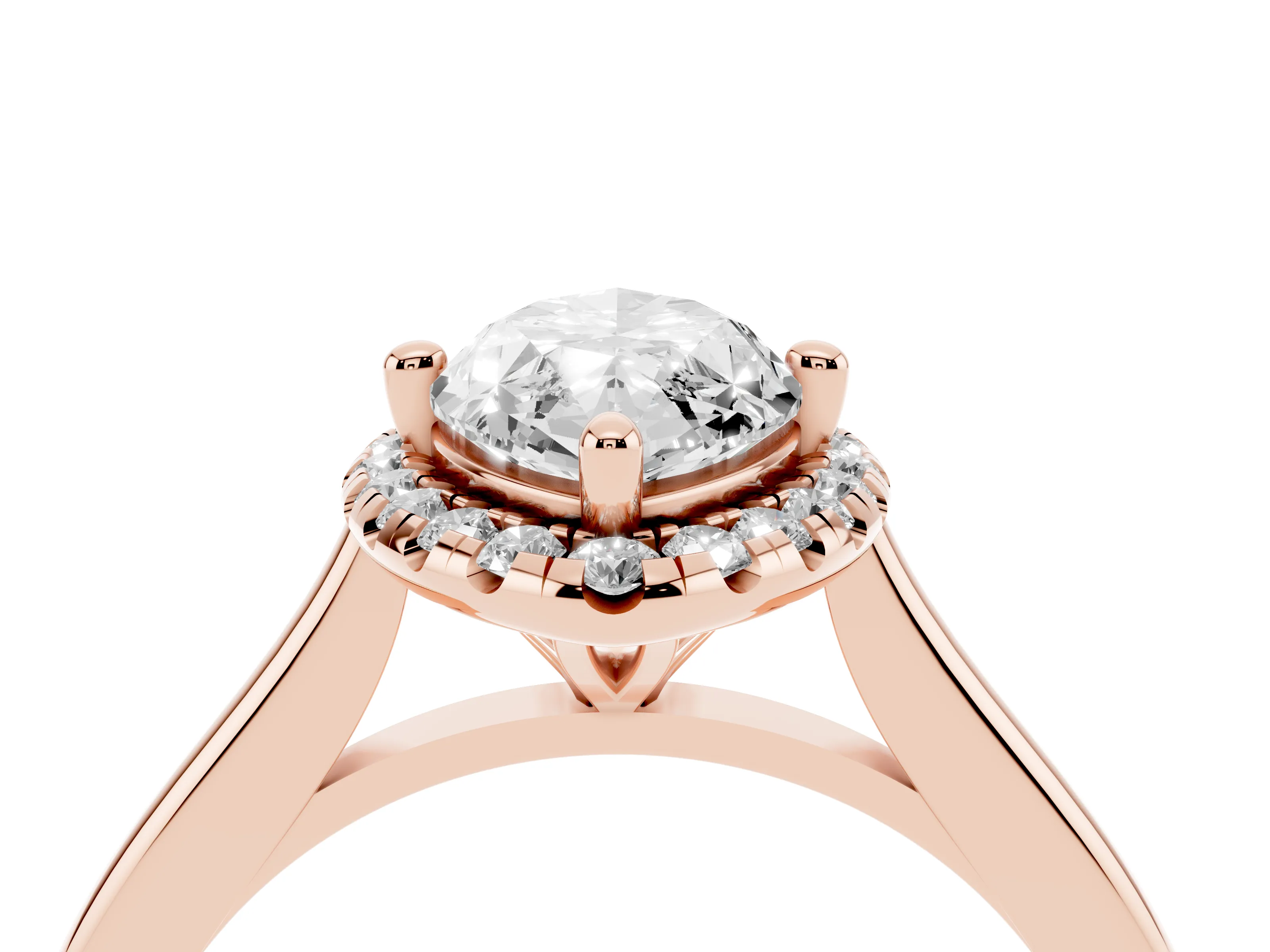 Marquise Cut Diamond Halo Engagement Ring Set in Rose gold with Pavé Band and Rising Shoulders