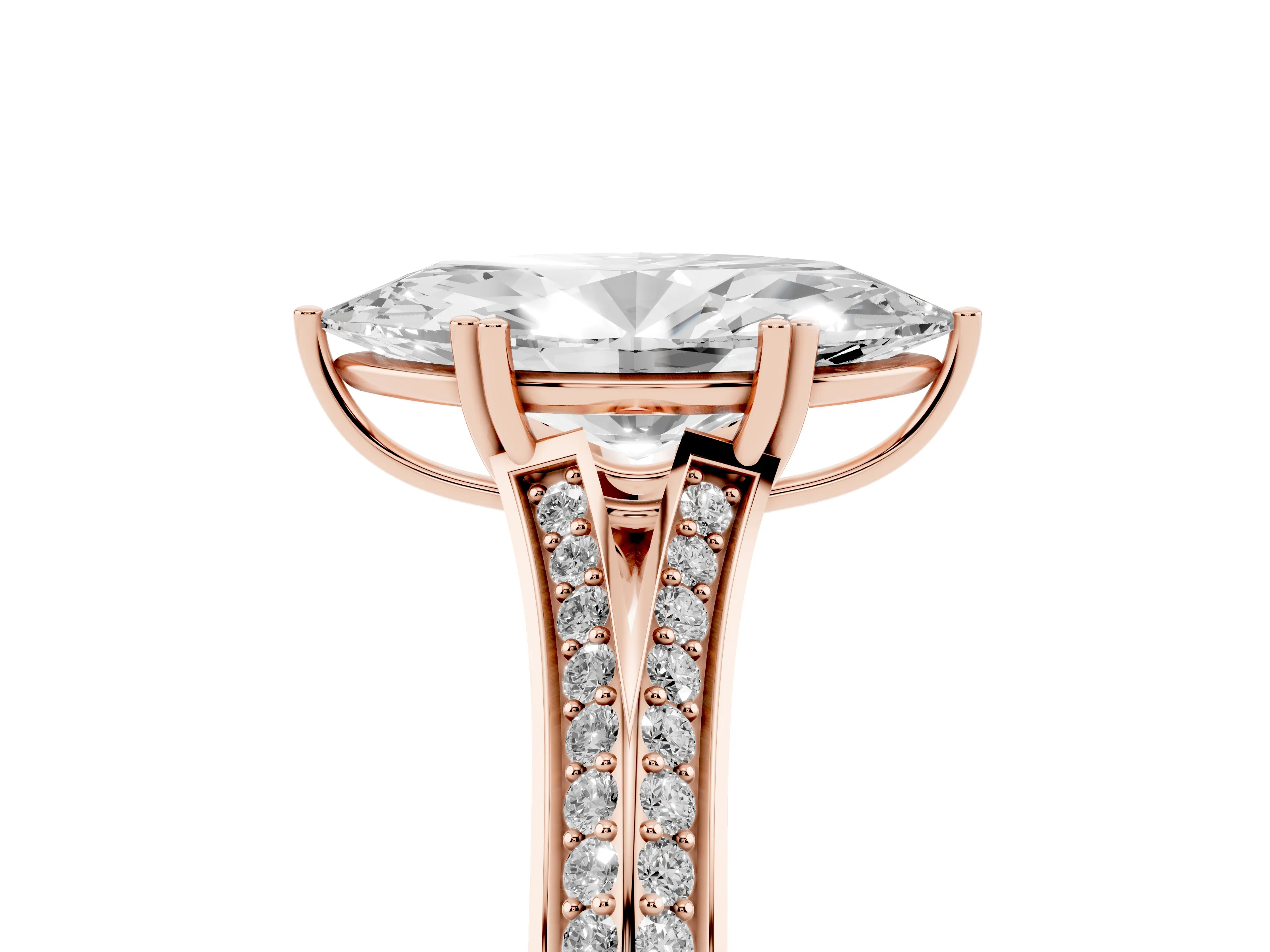 Marquise Cut Diamond Split Shank Pavé Engagement Ring Set in Rose gold with Prong-Set Center Stone