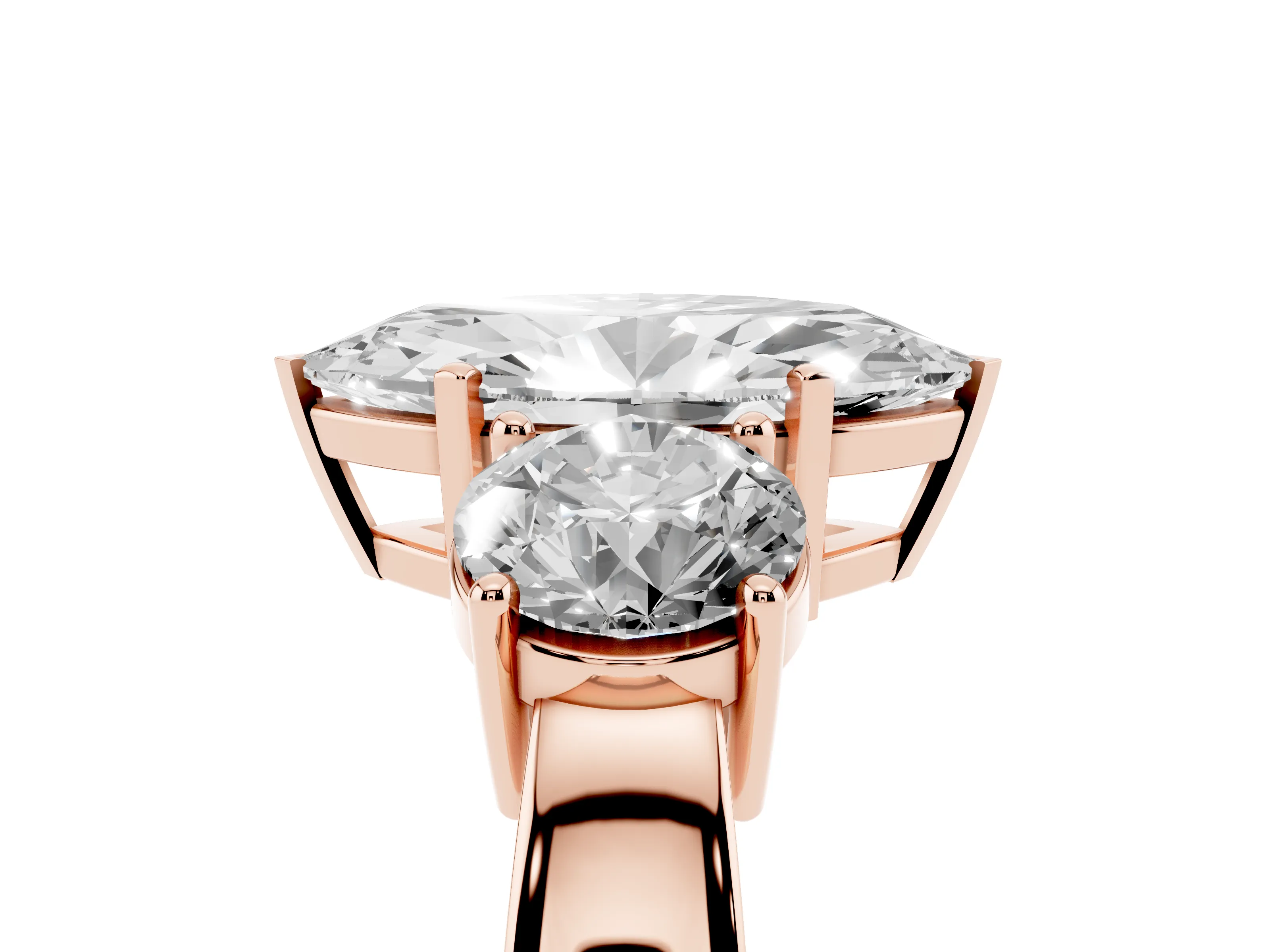 Marquise Cut Diamond Three-Stone Ring Set in Rose gold with Round Side Stones and Classic Band