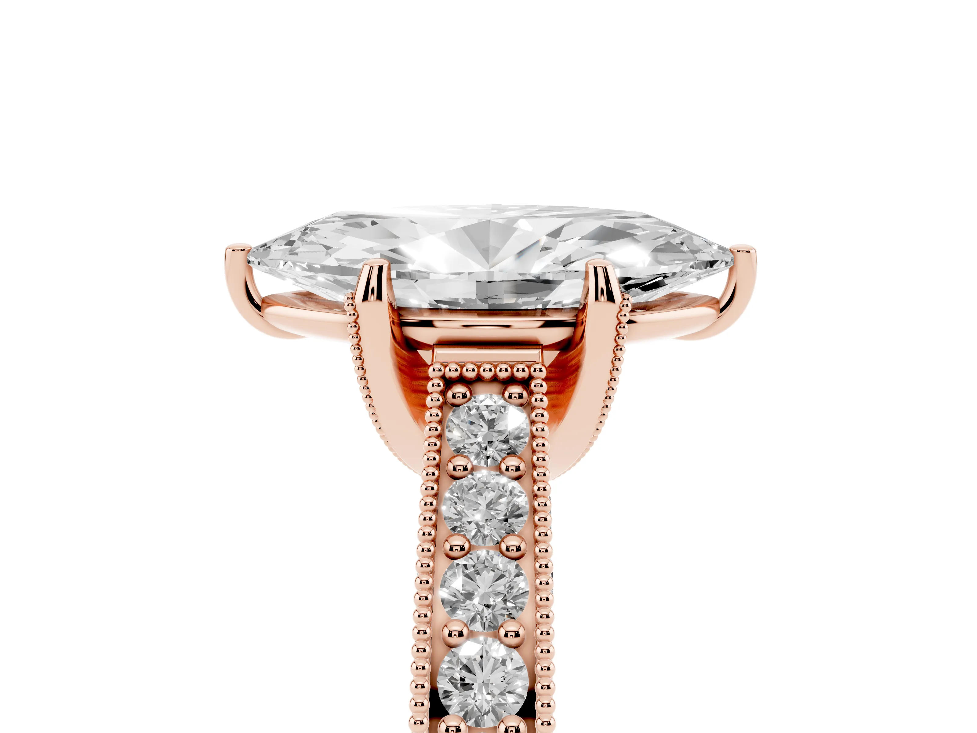 Marquise Cut Diamond Solitaire Ring Set in Rose gold with Milgrain-Edged Pavé Band and Prong Setting