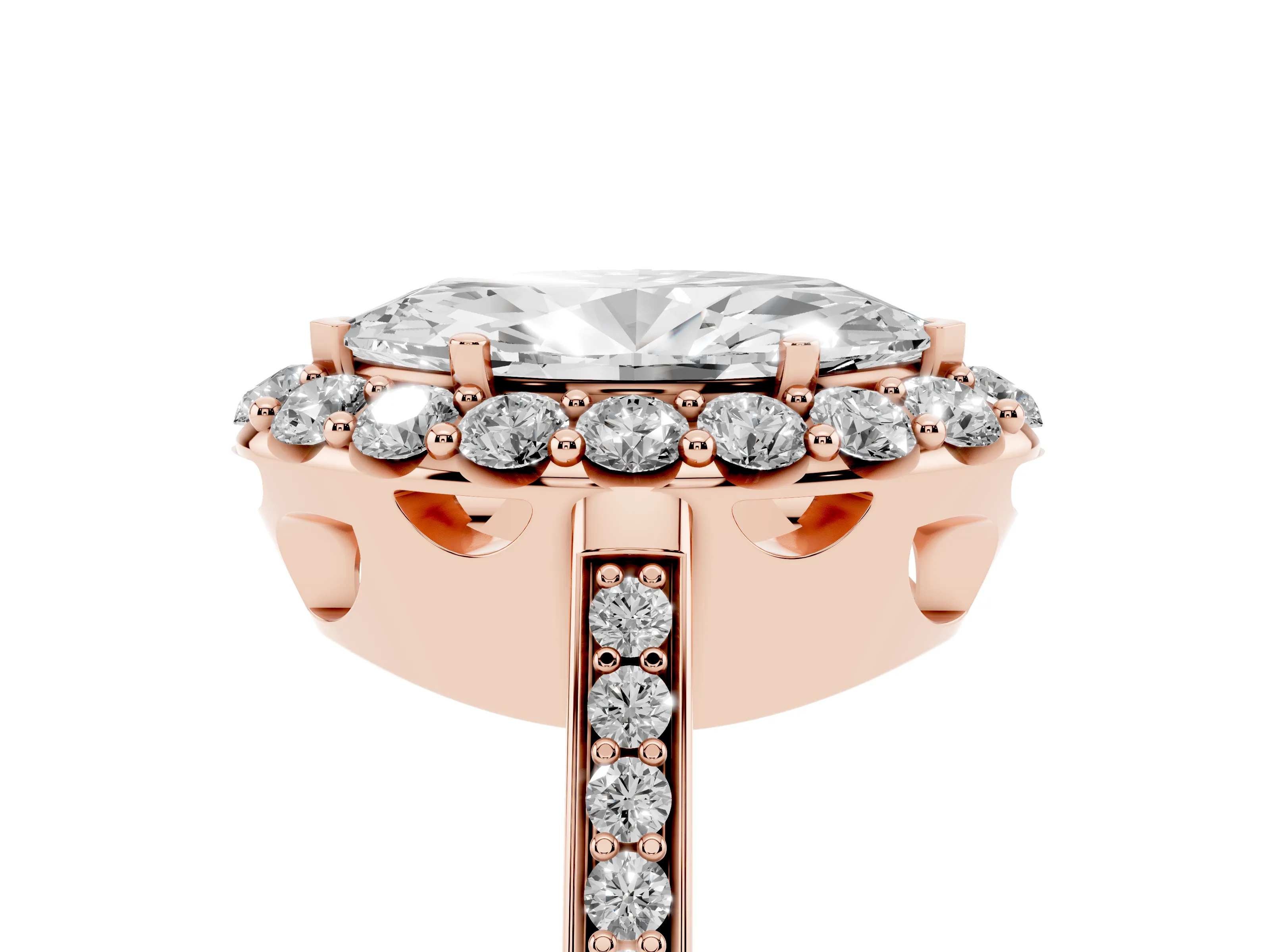 Marquise Cut Diamond Floral Halo Ring Set in Rose gold with Pavé Band and Prong Setting