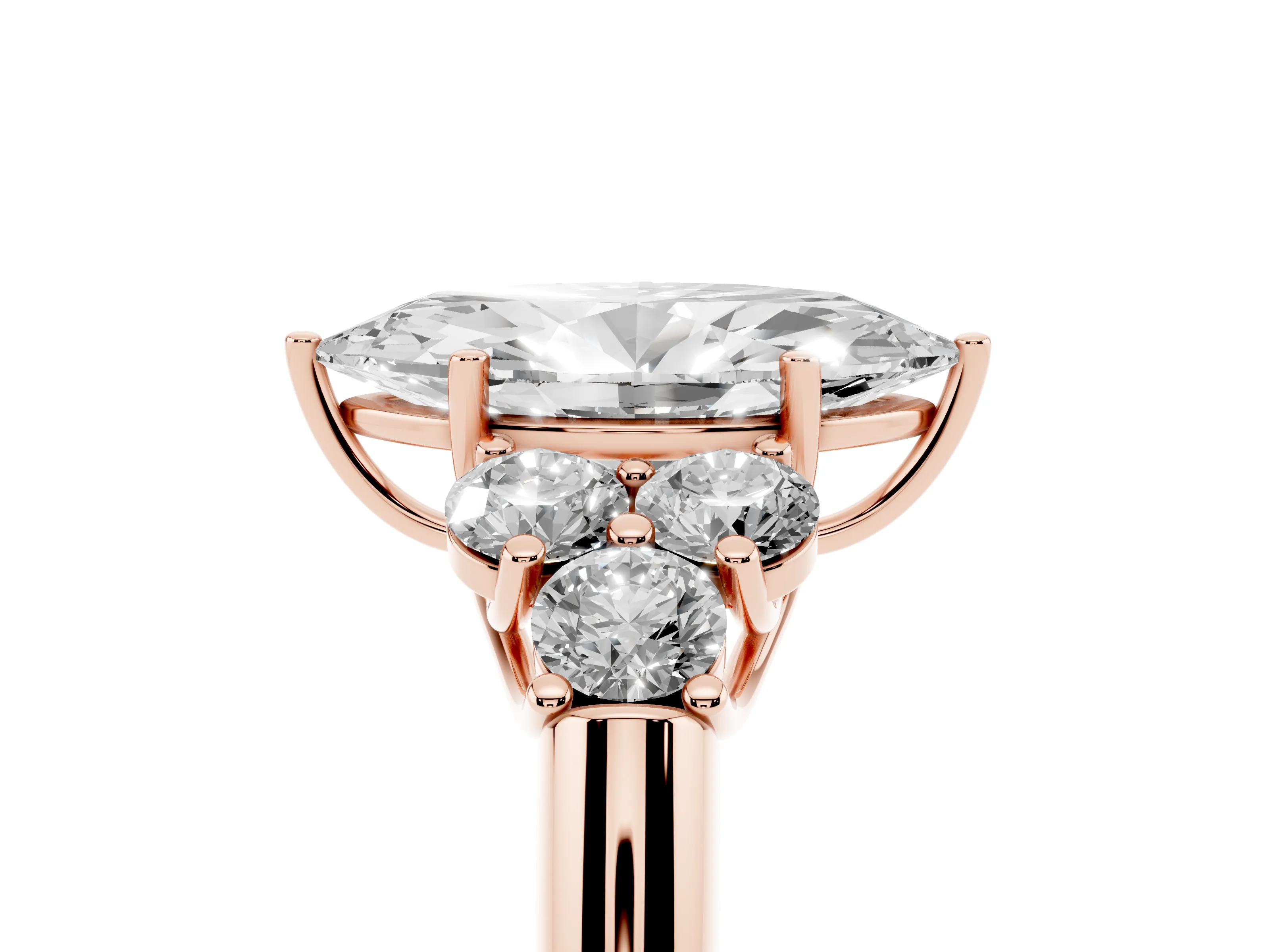 Marquise Cut Diamond Cluster Ring Set in Rose gold with Round Accent Stones and Prong Setting on a Plain Band