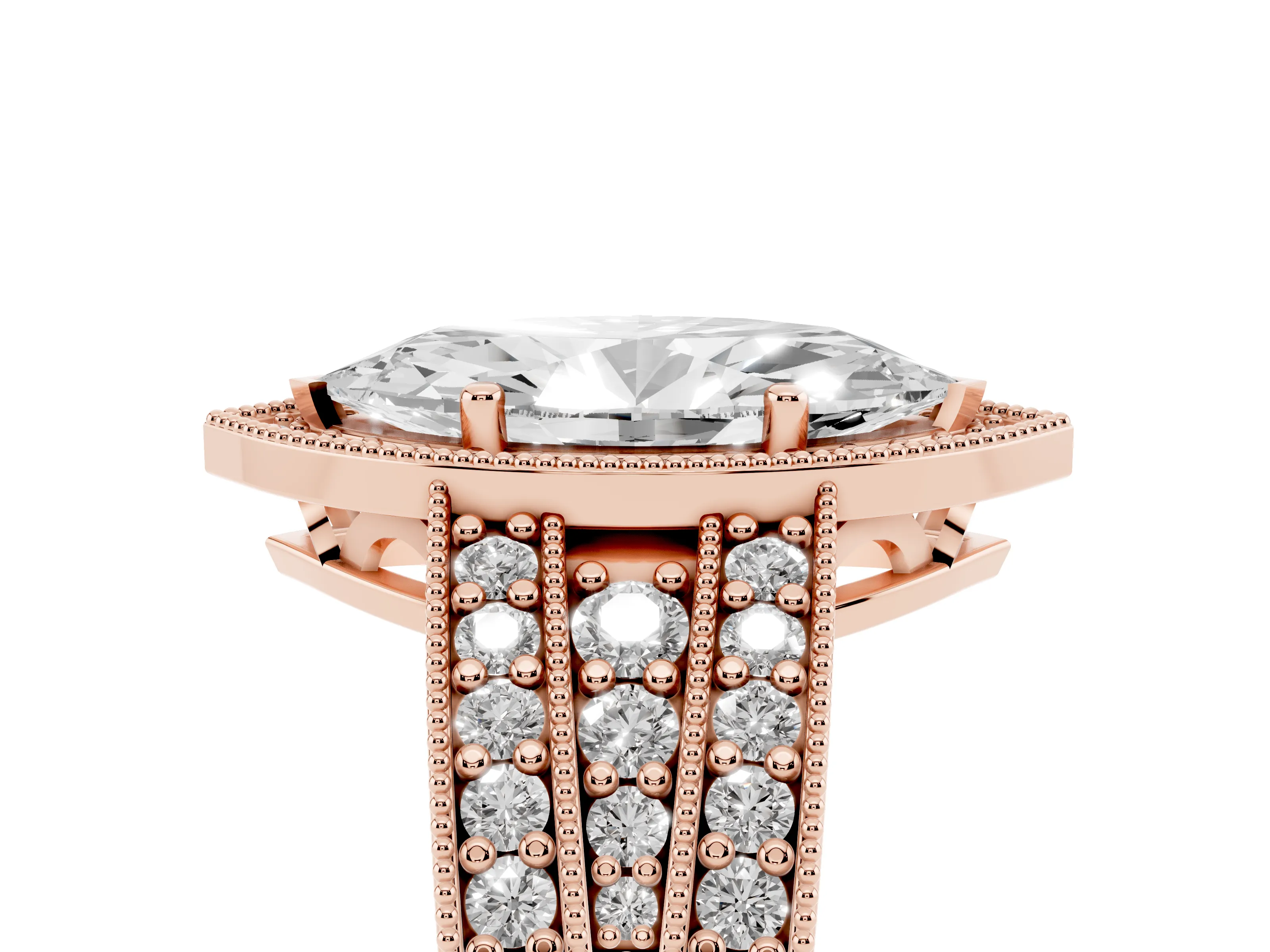 Marquise Cut Diamond Halo Ring Set in Rose gold with Accent Split Shank and Prong Setting