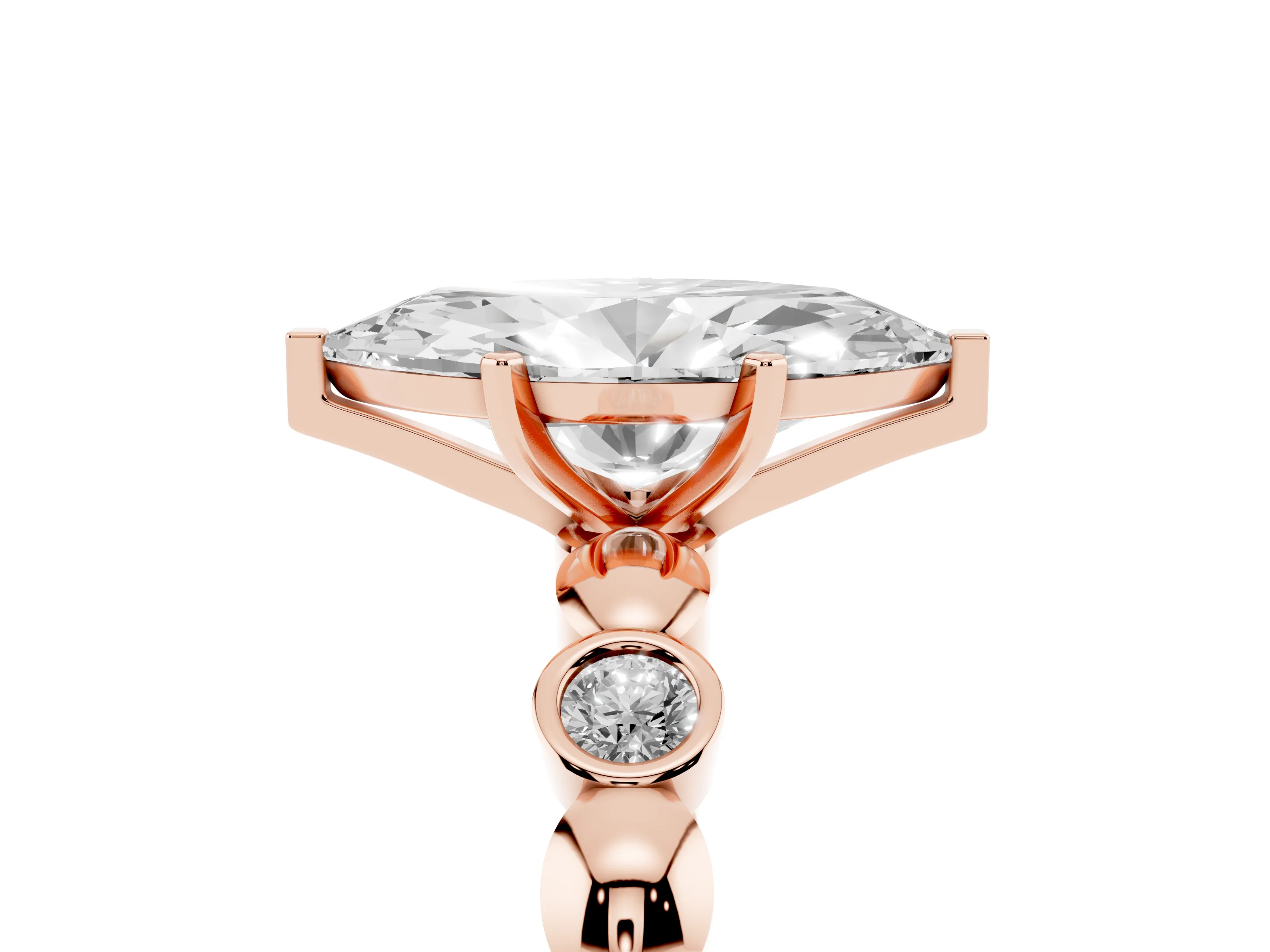 Marquise Cut Diamond Solitaire Ring Set in Rose gold with Bezel-Set Accents on Beaded Band and Prong Setting