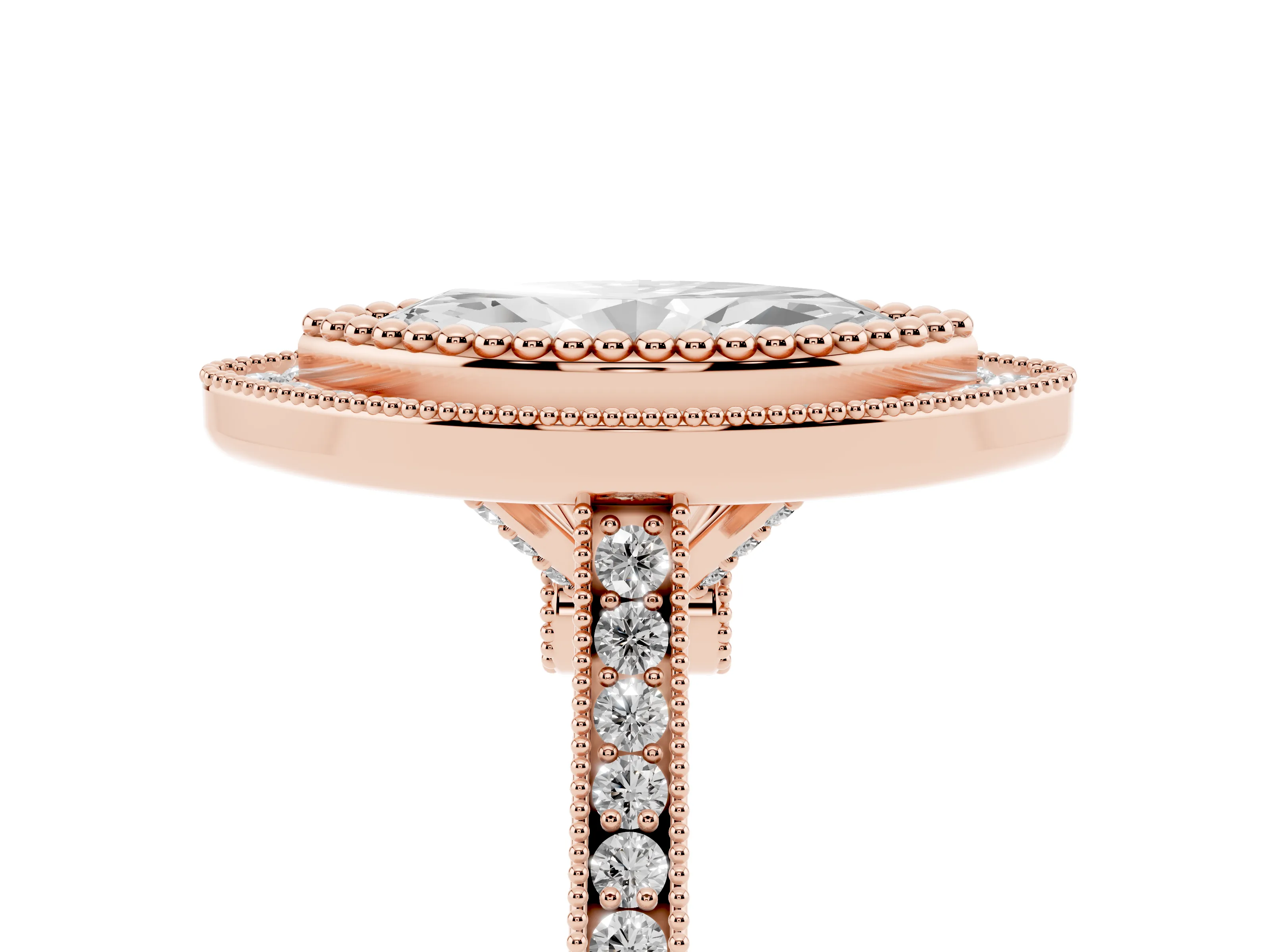 Marquise Cut Diamond Halo Ring Set in Rose gold with Milgrain Frame and Pavé Band