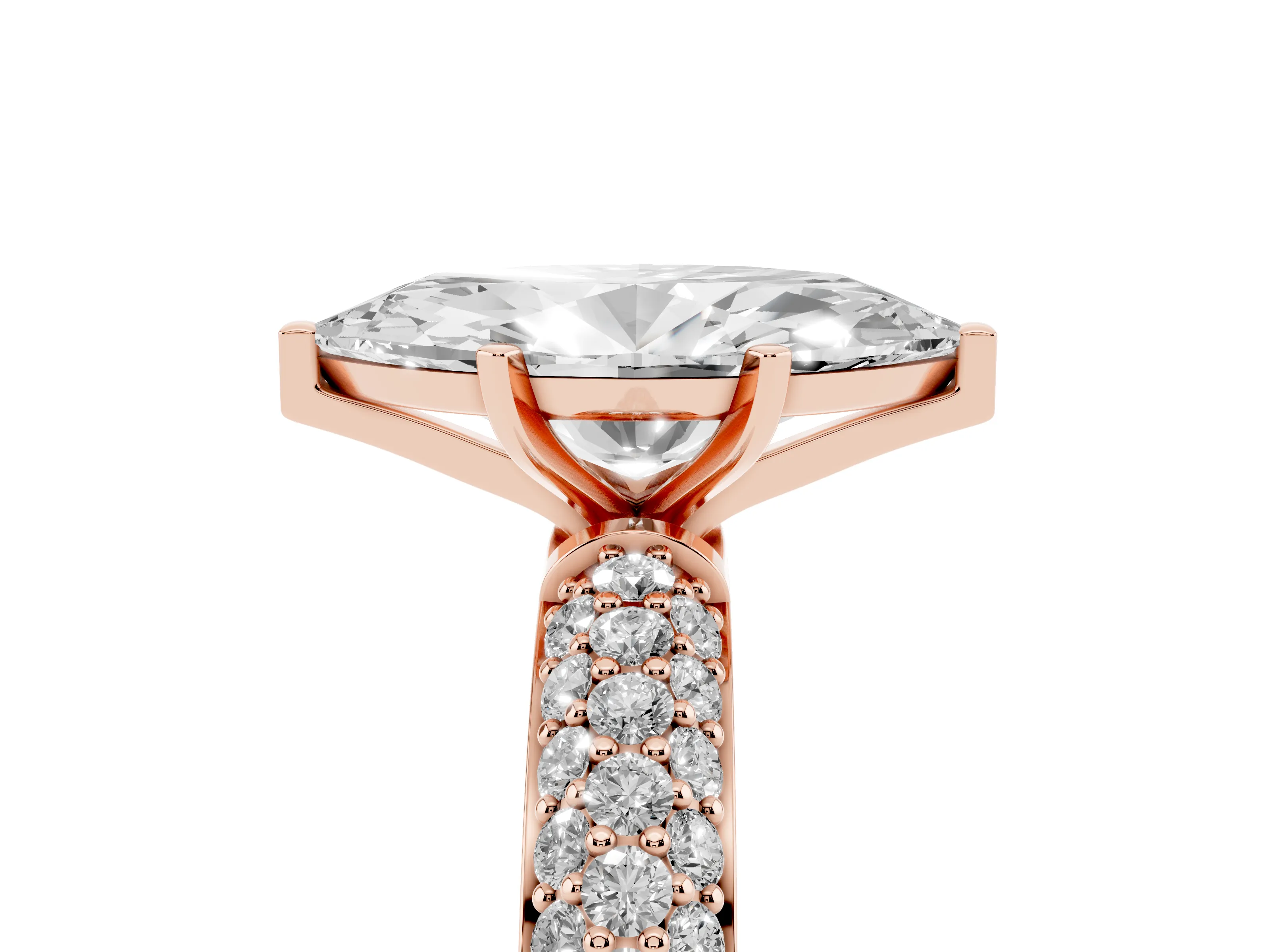 Marquise Cut Diamond Solitaire Ring Set in Rose gold with Prong Setting and Pavé-Set Band