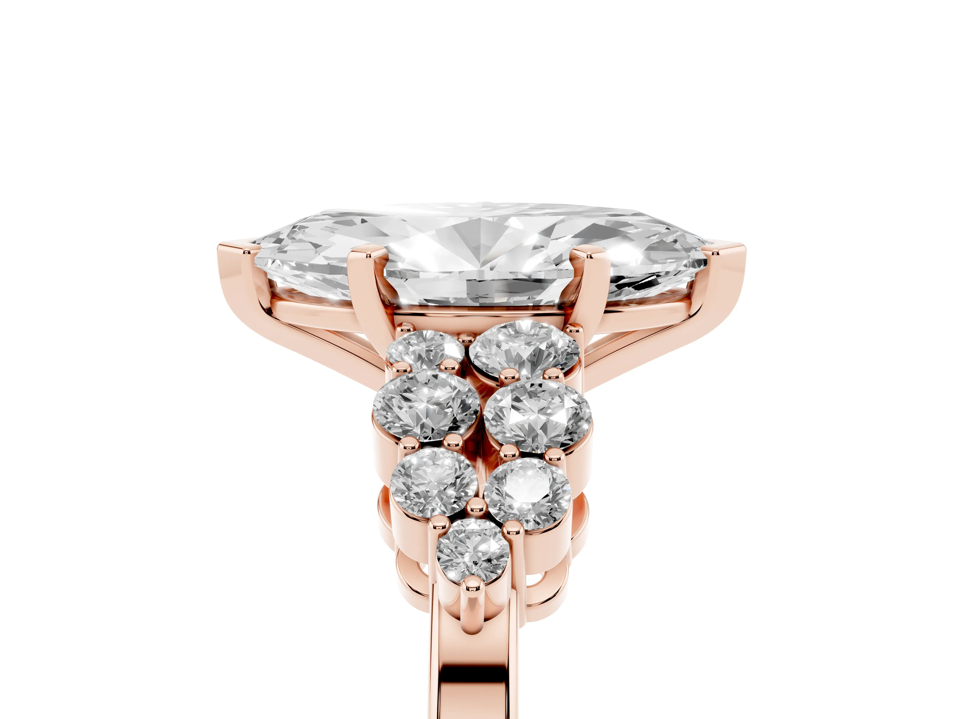 Marquise Cut Diamond Cluster Engagement Ring Set in Rose gold with Pavé Band and Prong Setting