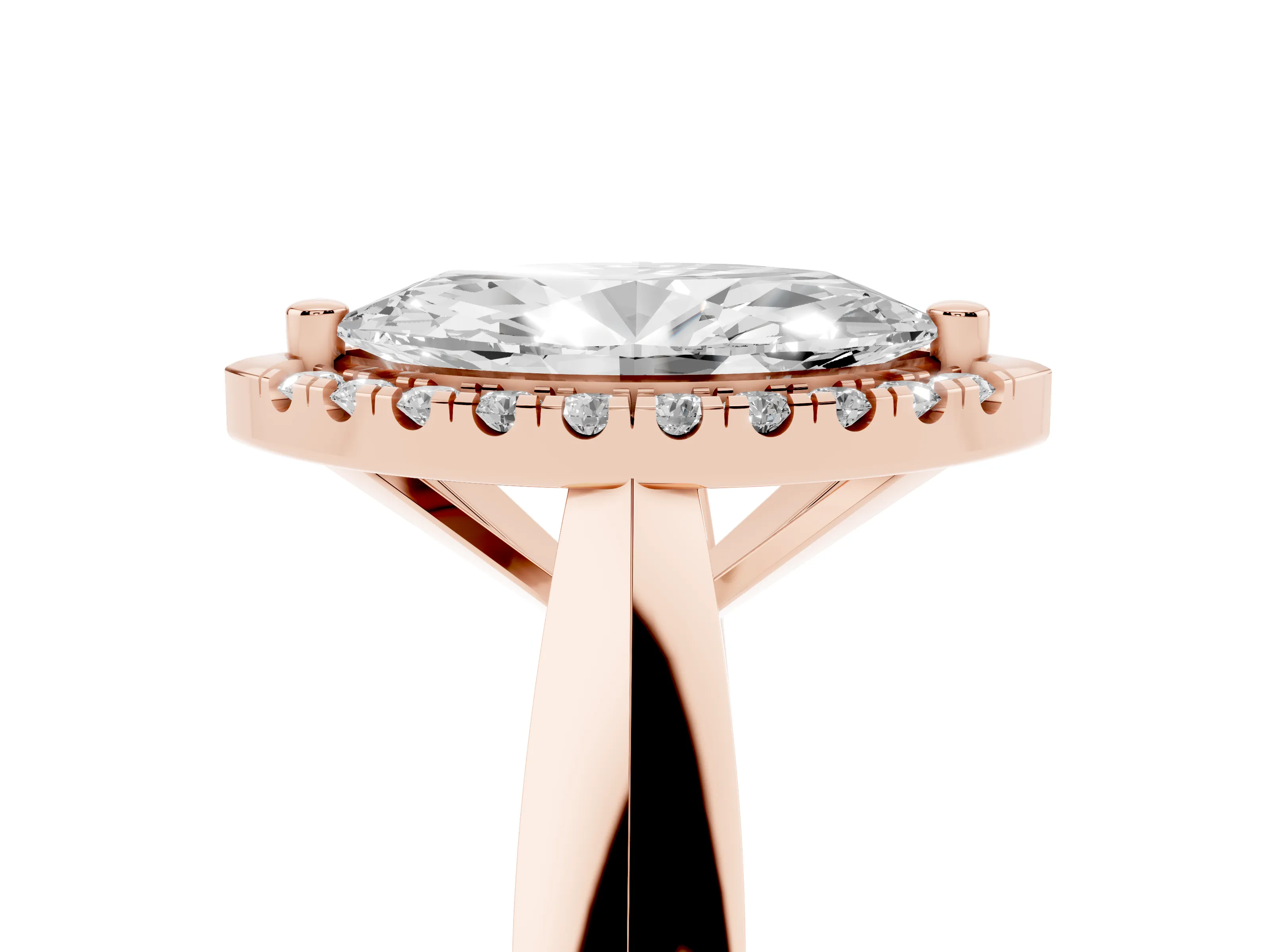 Marquise Cut Diamond Halo Solitaire Engagement Ring Set in Rose gold with Square Band and Prong Setting