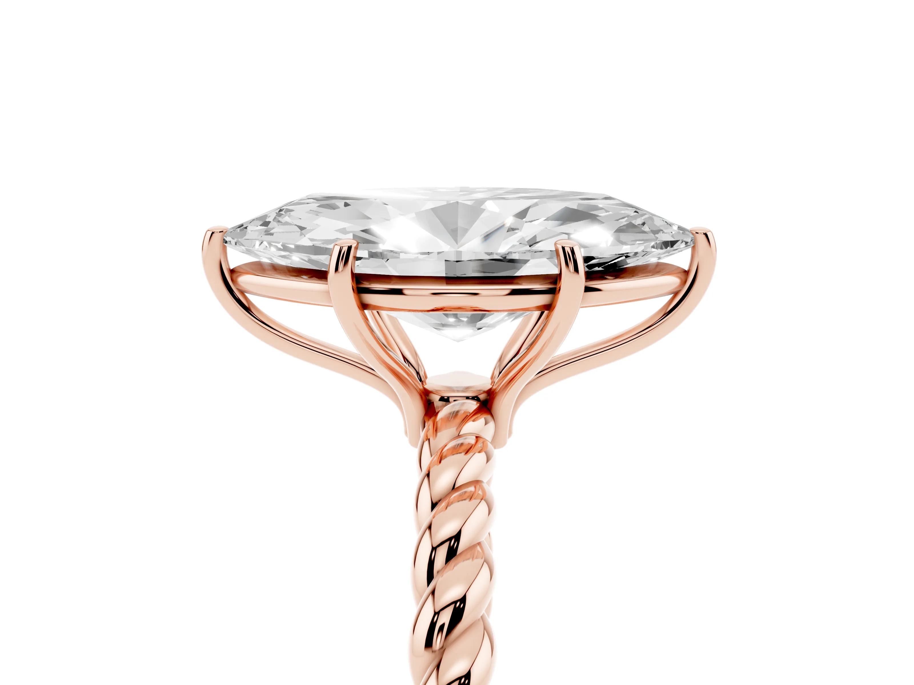 Marquise Cut Diamond Solitaire Ring Set in Rose gold with Twist Band and Prong Setting