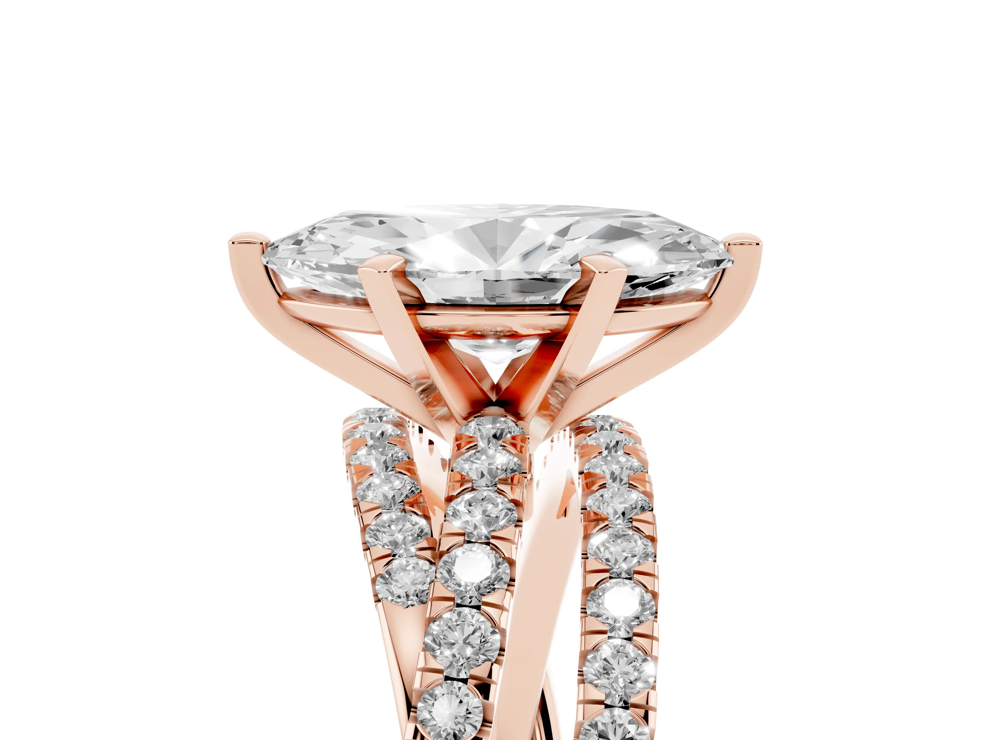 Marquise Cut Diamond Solitaire Twist Band Ring Set in Rose gold with Pavé Setting and Prong Head