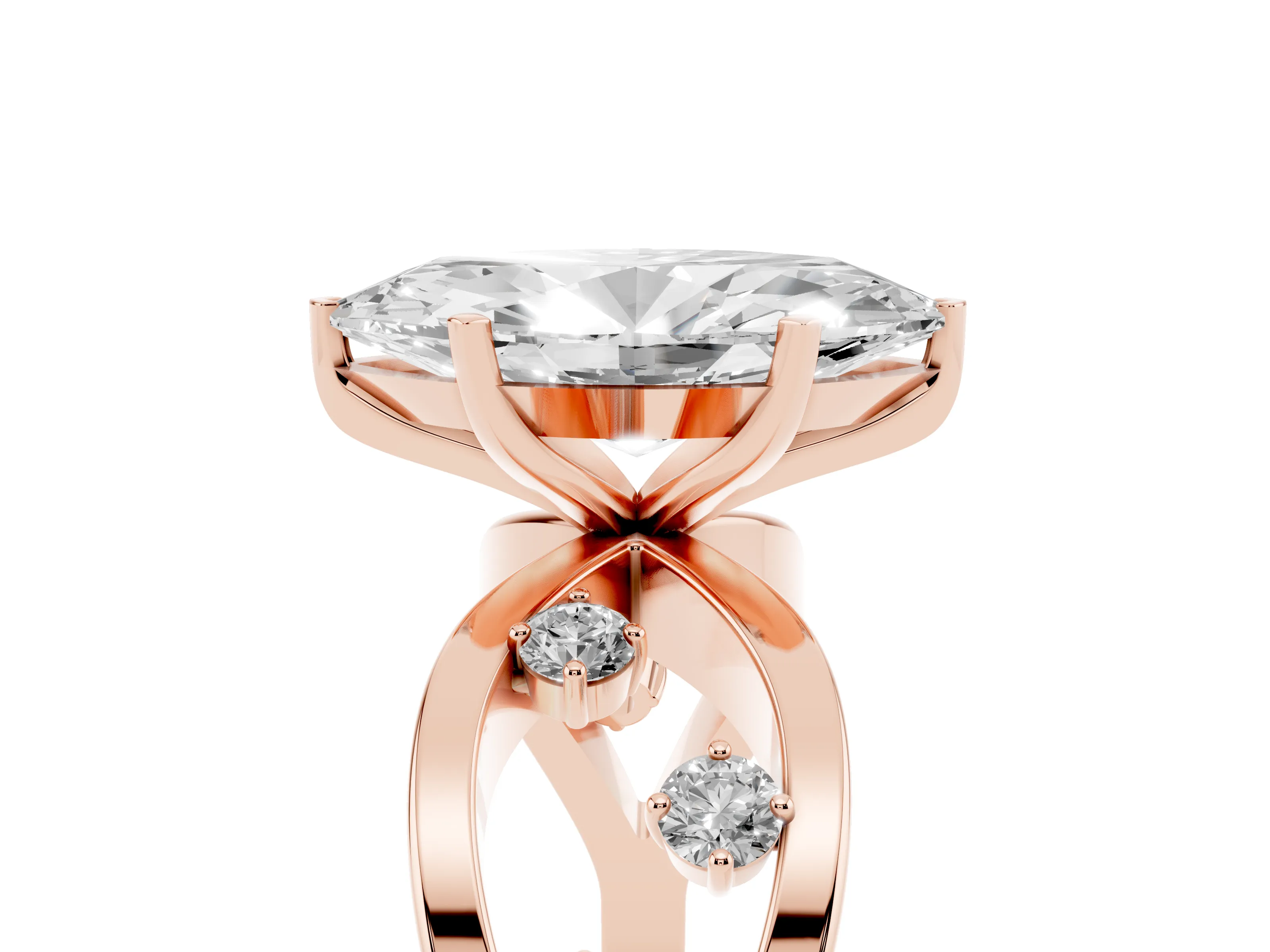 Marquise Cut Diamond Solitaire Ring Set in Rose gold with Side Stones on Criss-Cross Band and Prong Setting