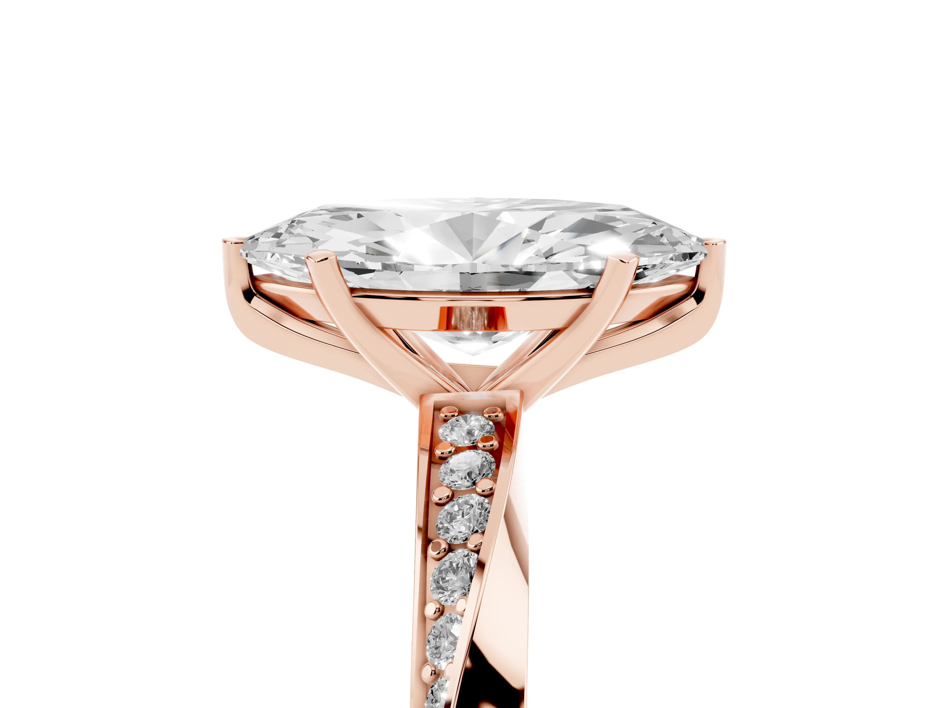 Marquise Cut Diamond Engagement Ring Set in Rose gold with Side Stone Accents and Prong Setting