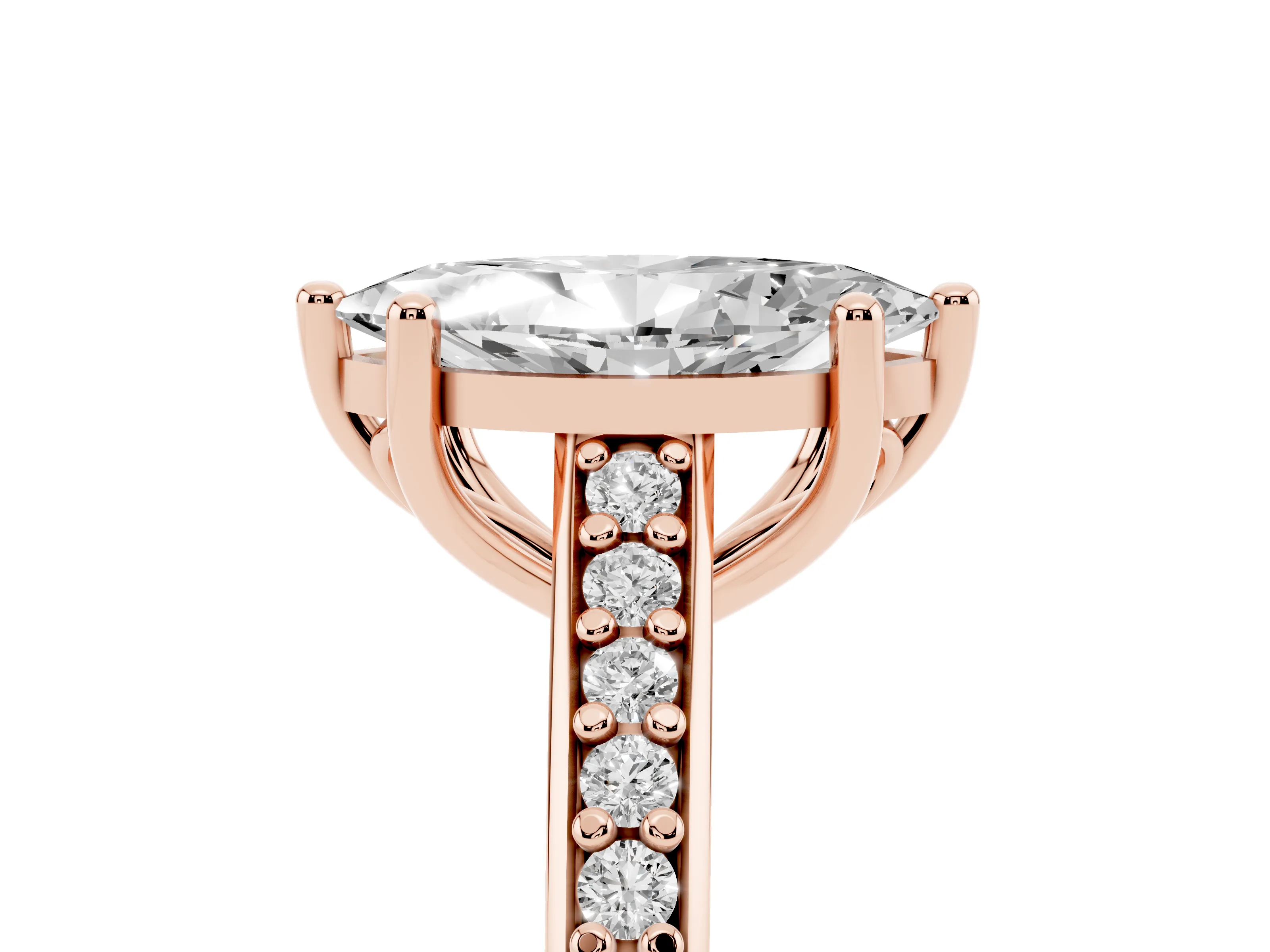 Marquise Cut Diamond Prong Set Solitaire Engagement Ring Set in Rose gold with Pavé Band