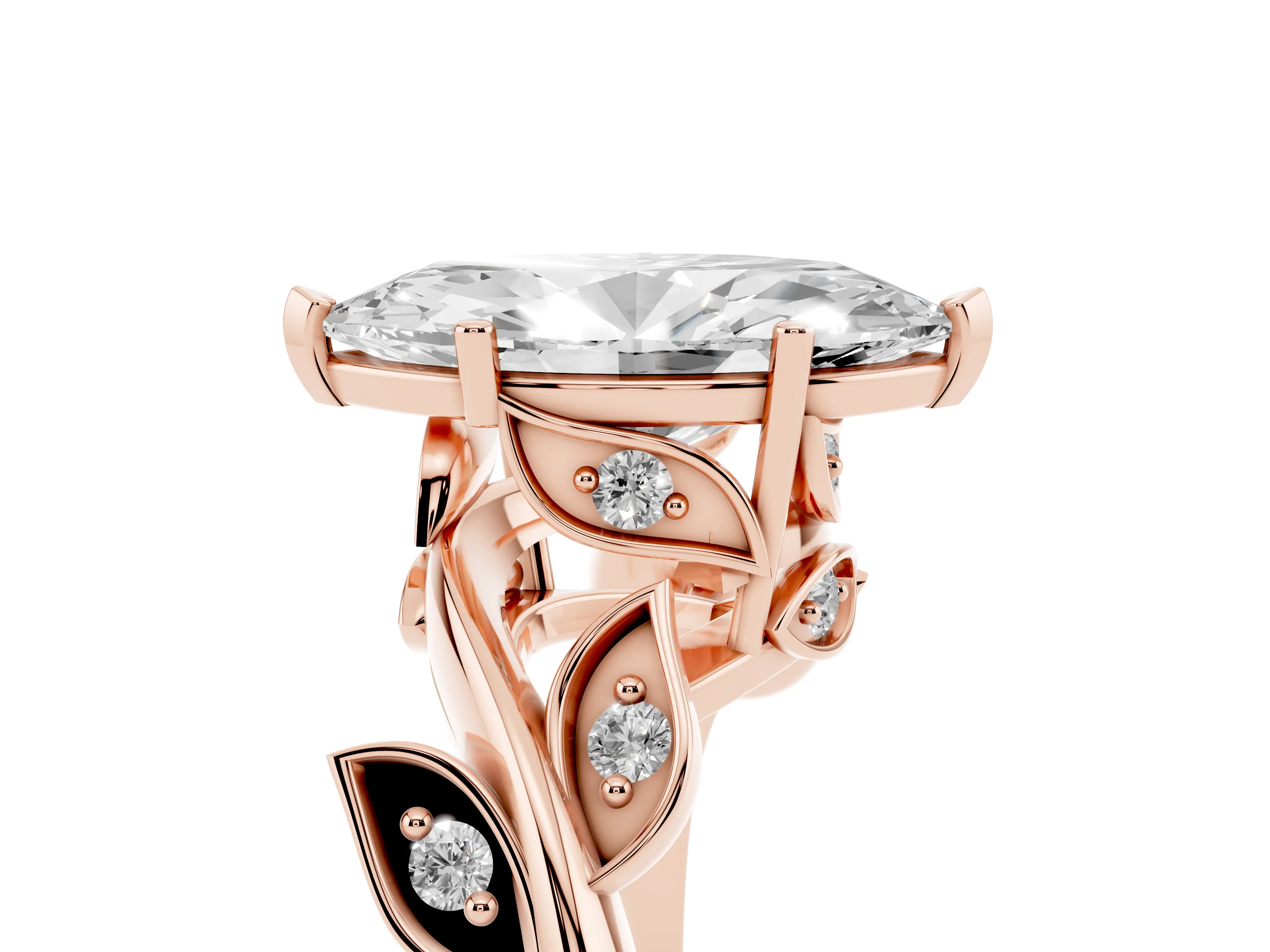Marquise Cut Diamond Solitaire Twist Engagement Ring Set in Rose gold with Pavé Leaf Accents