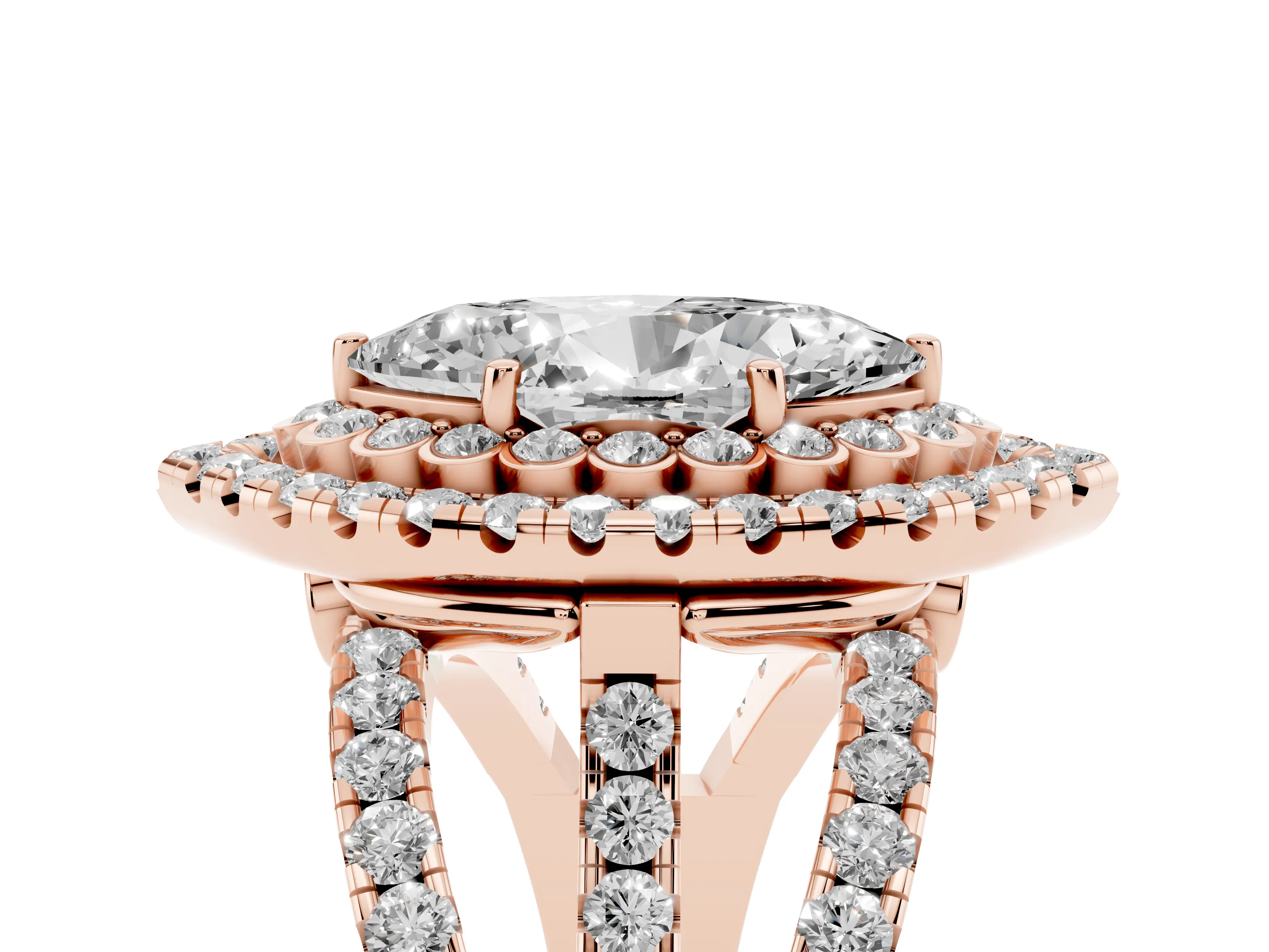 Marquise Cut Diamond Double Halo Ring Set in Rose gold with Round Pavé Split Shank