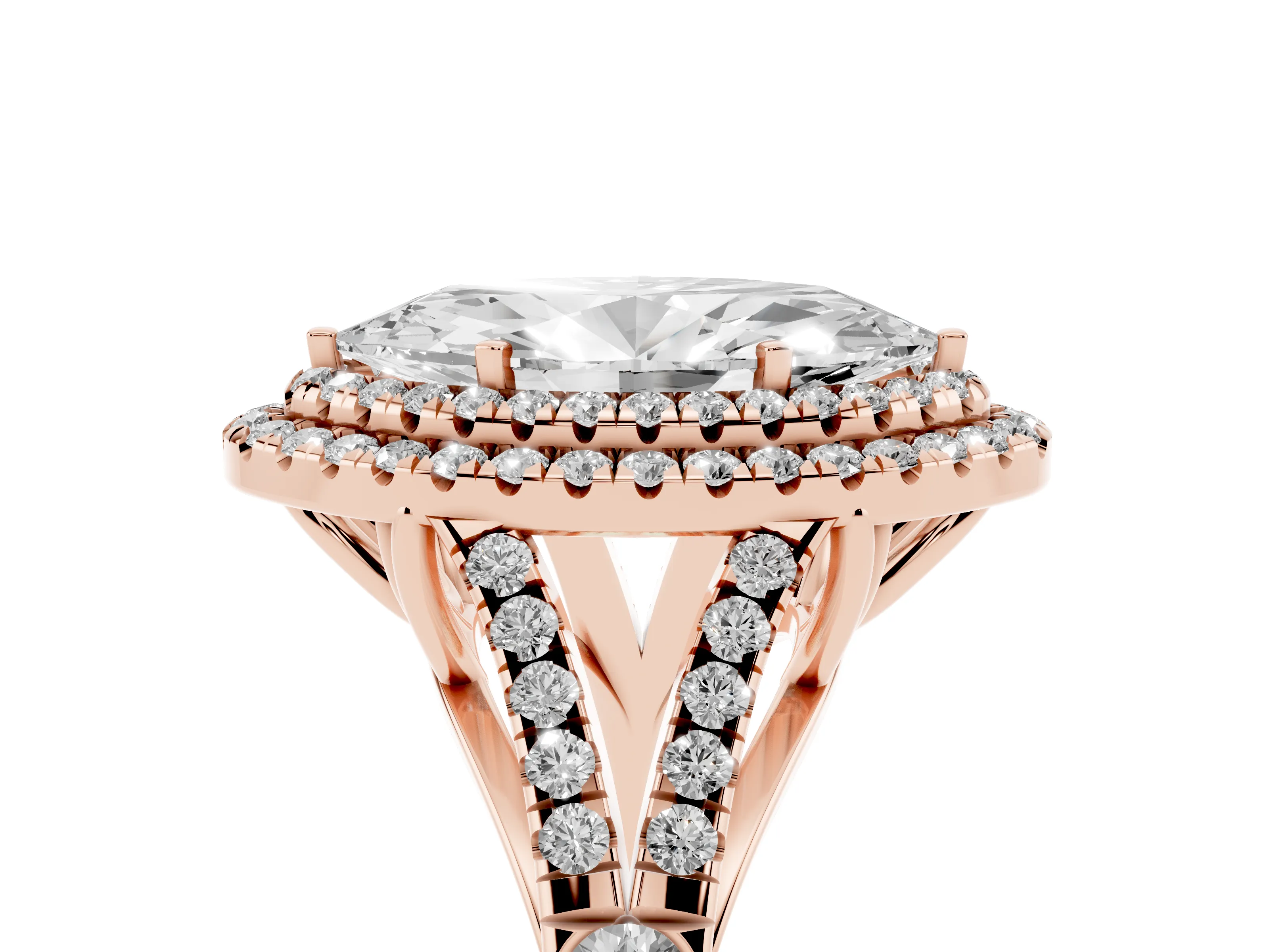 Marquise Cut Diamond Pavé Split Shank Double Halo Engagement Ring Set in Rose gold