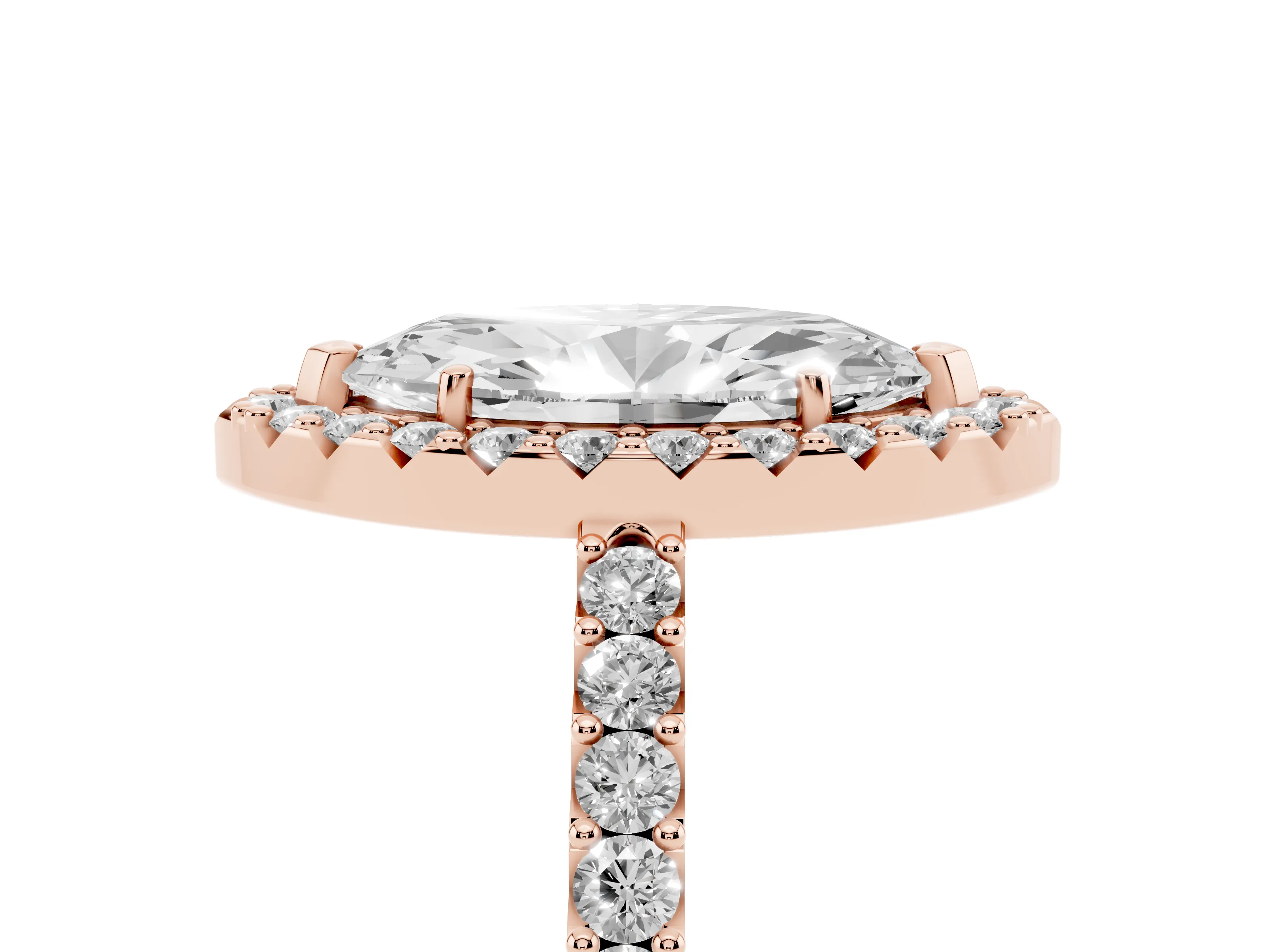 Marquise Cut Diamond Halo Pavé Solitaire Ring Set in Rose gold with Prong-Set Center Stone