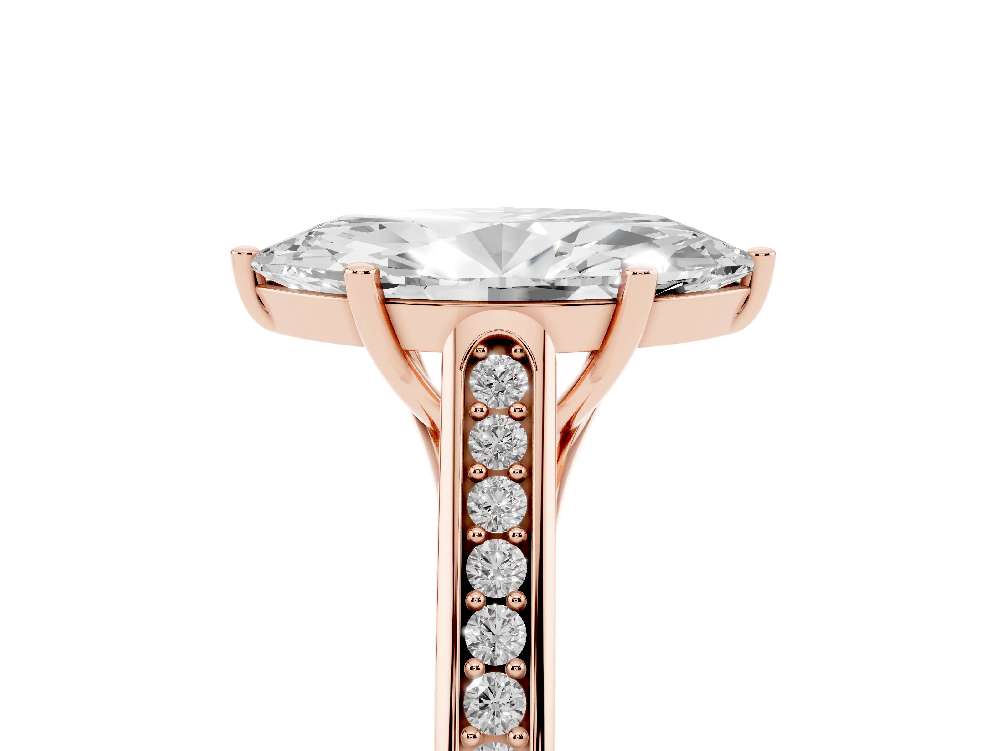 Marquise Cut Diamond Solitaire Cathedral Engagement Ring Set in Rose gold with Channel-Set Band and Prong Setting