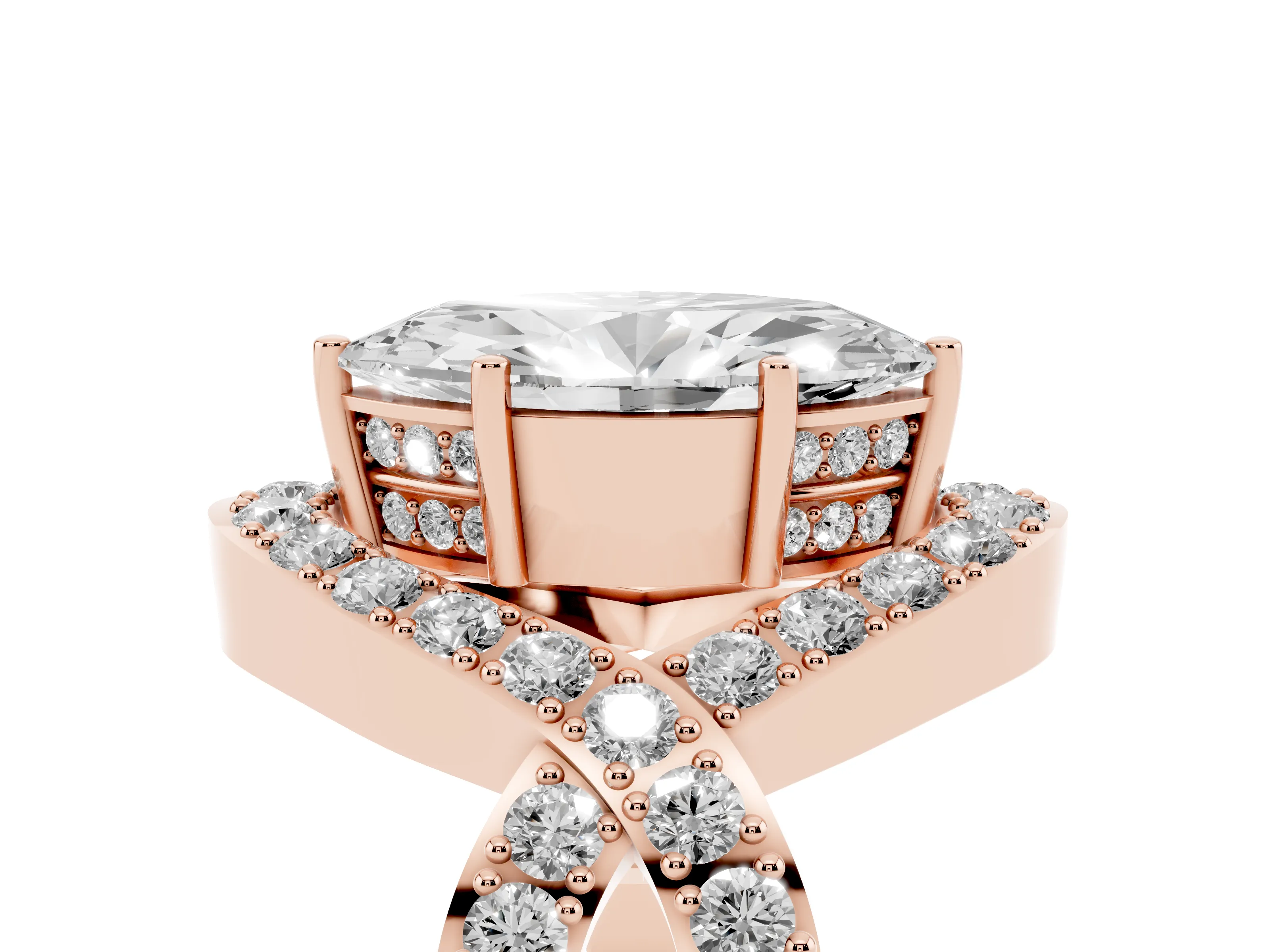 Marquise Cut Diamond Solitaire Twist Band Pavé Engagement Ring Set in Rose gold