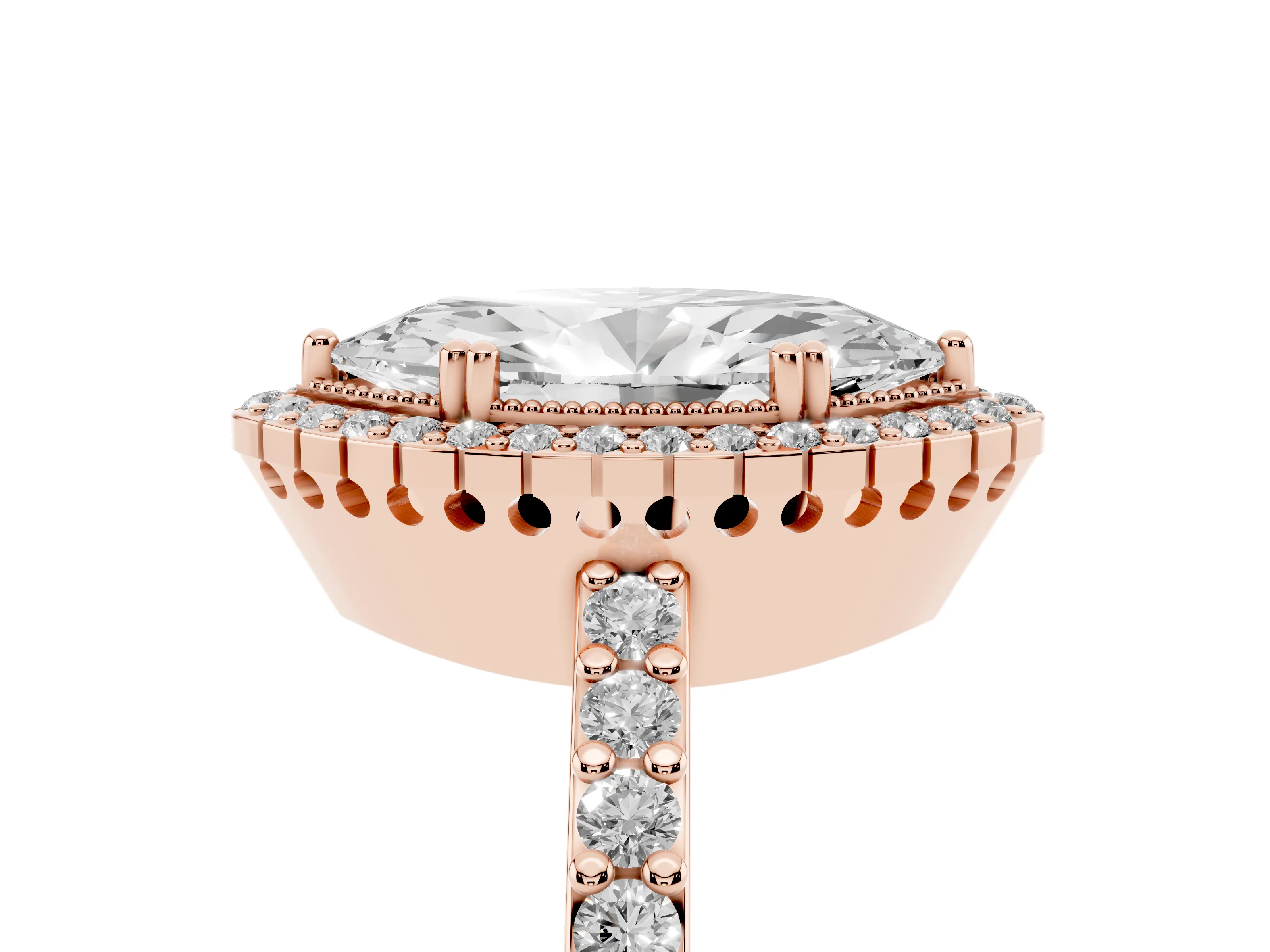 Marquise Cut Diamond Halo Engagement Ring Set in Rose gold with Milgrain Detail and Pavé Band