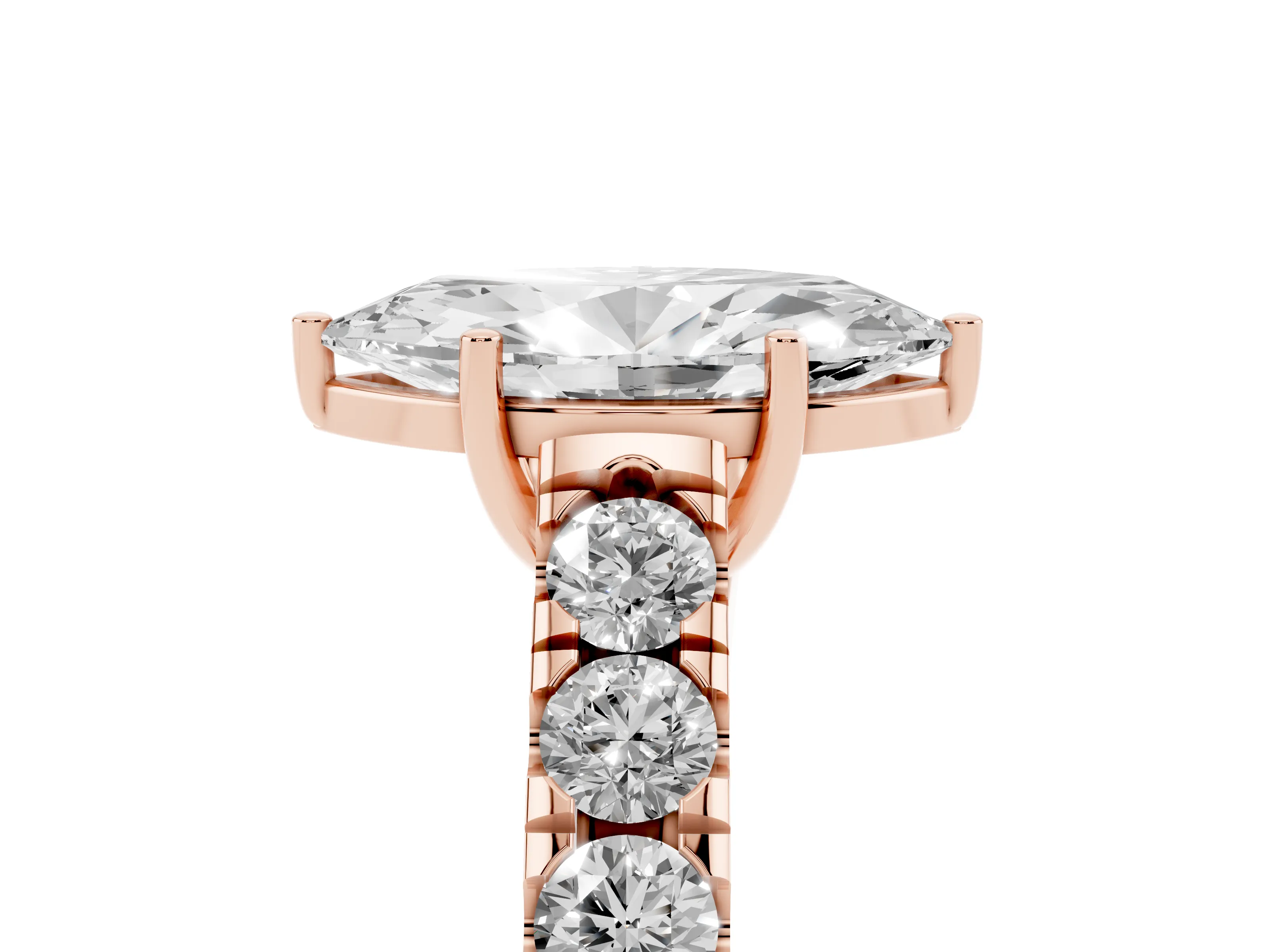 Marquise Cut Diamond Solitaire Ring Set in Rose gold with Cut-Down Micro Pavé Band and Prong Setting