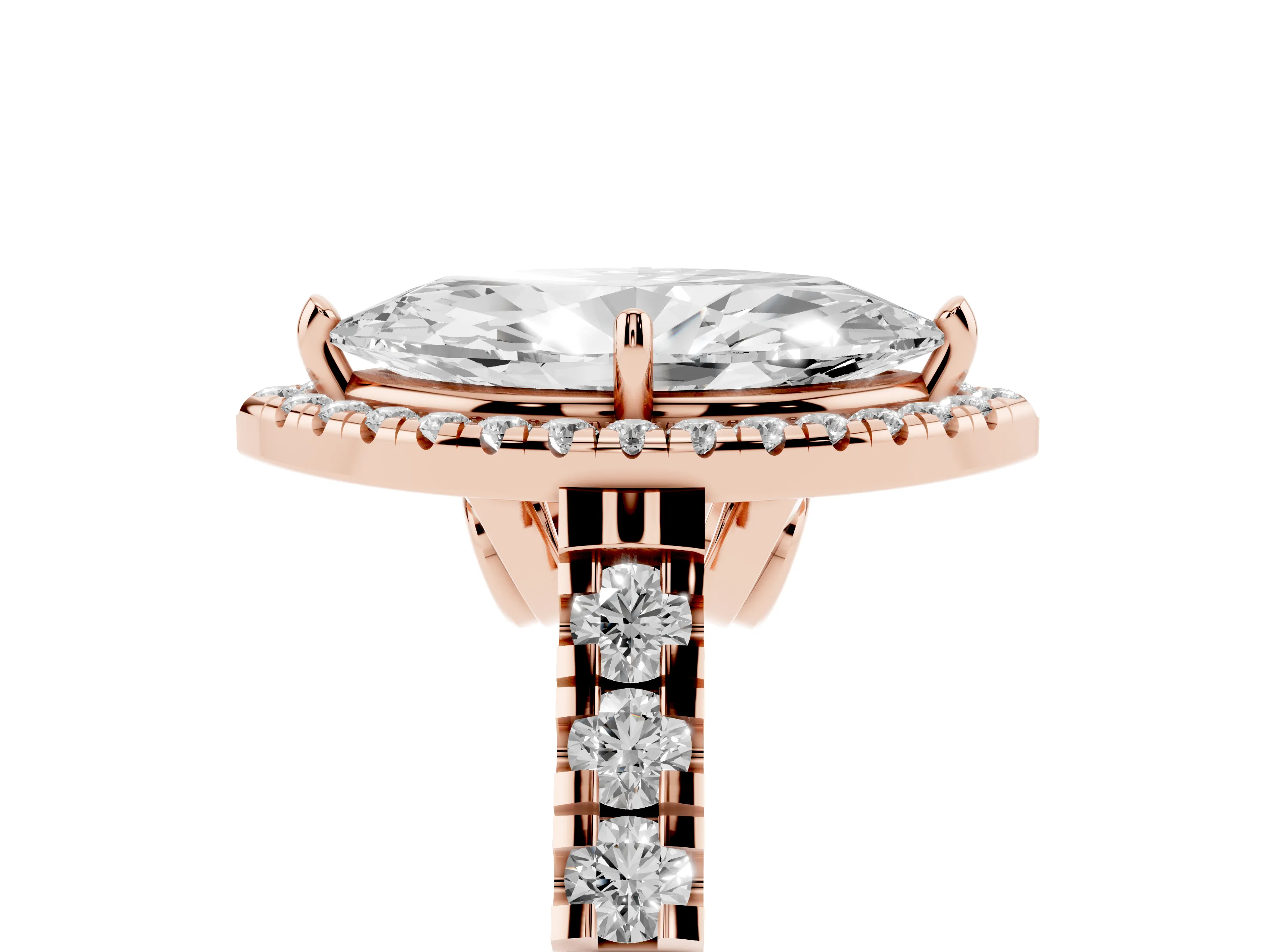 Marquise Cut Diamond Halo Engagement Ring Set in Rose gold with Pavé Band and Prong-Set Center