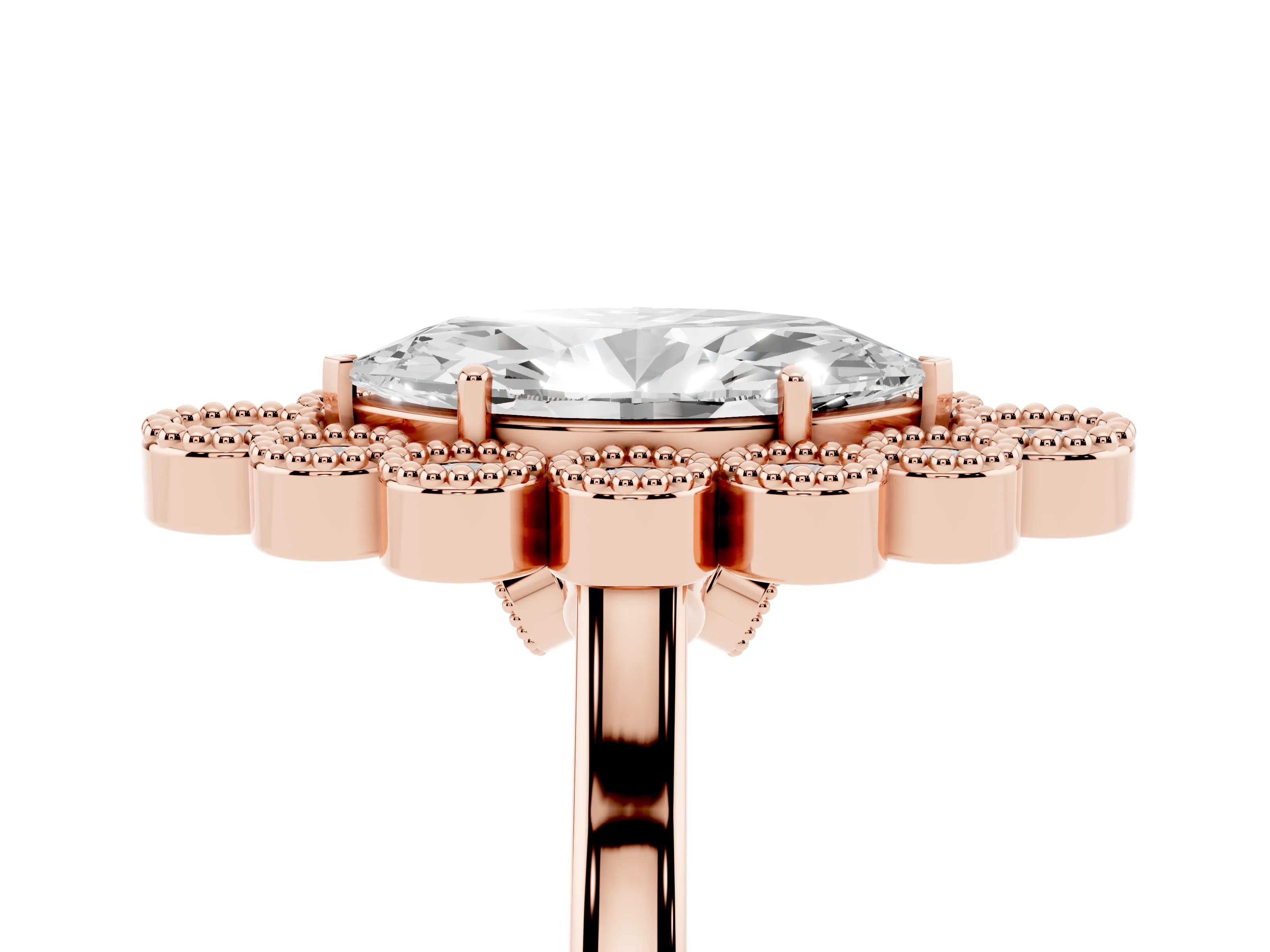 Marquise Cut Diamond Cluster Halo Ring Set in Rose gold with Milgrain Bezel Accents and Plain Band