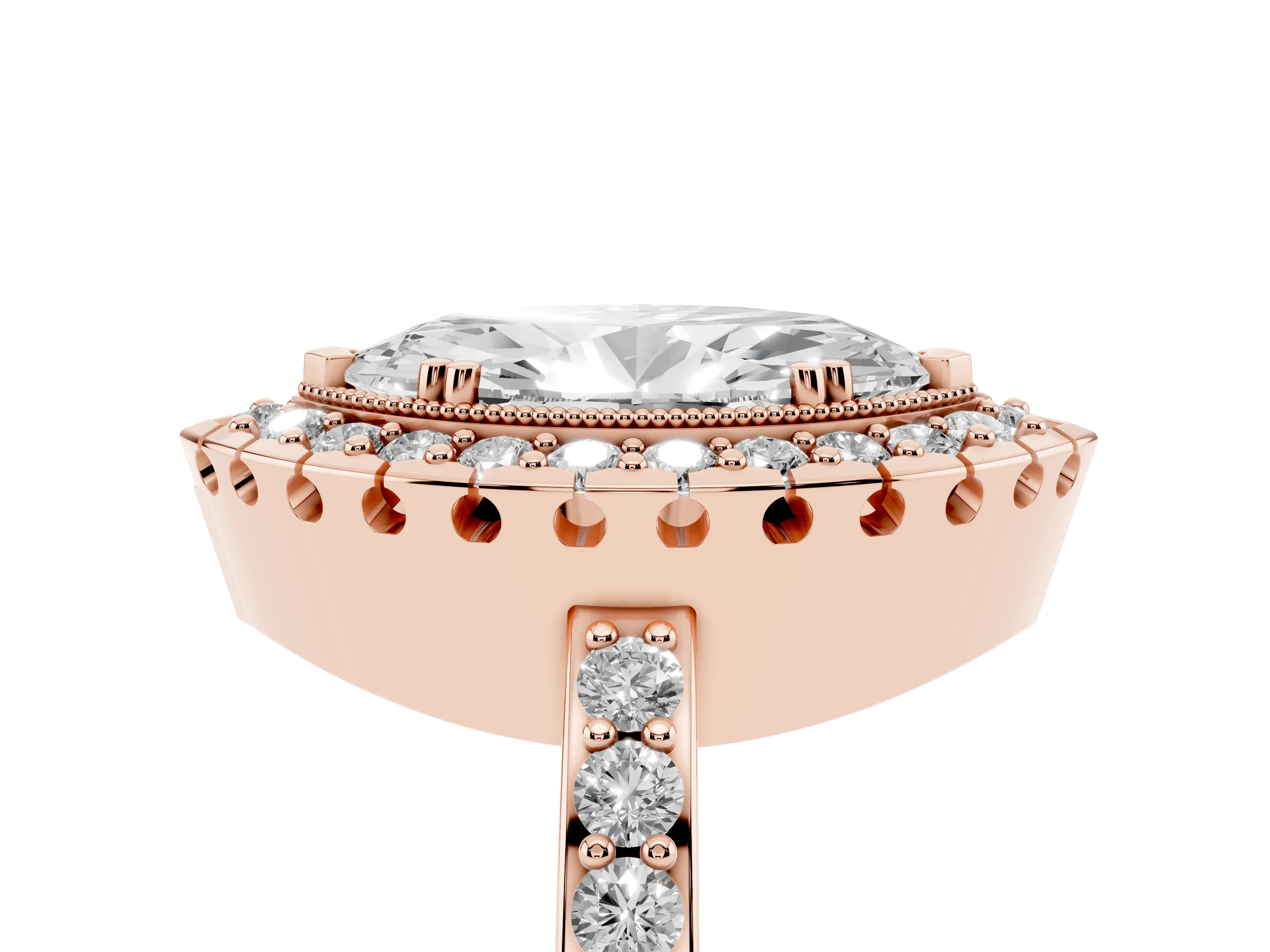 Marquise Cut Diamond Halo Ring Set in Rose gold with Pavé Shank and Prong Setting