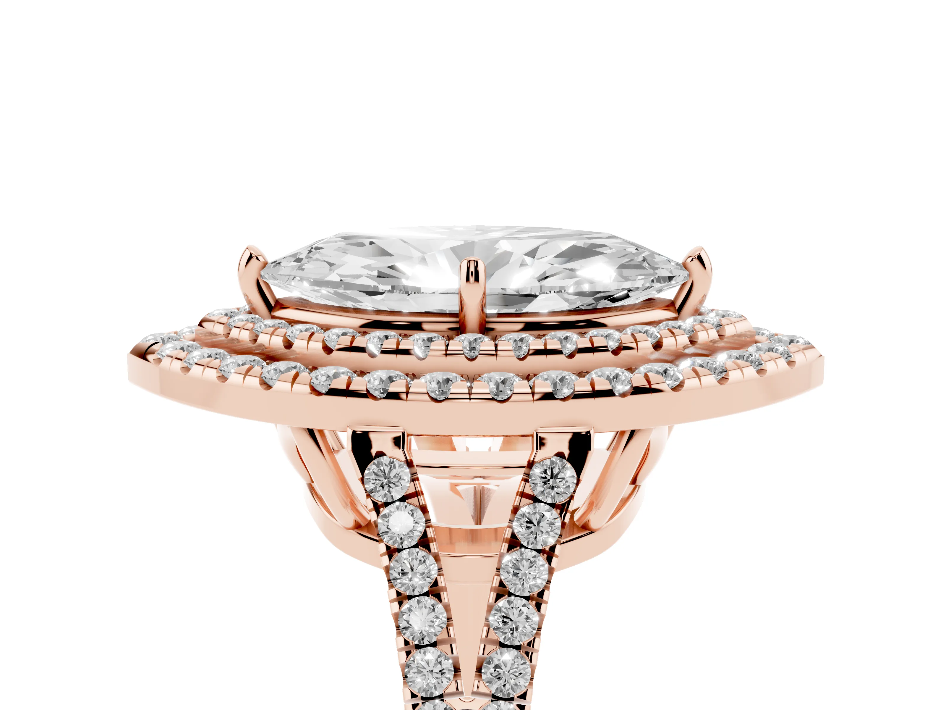 Marquise Cut Diamond Double Halo Ring Set in Rose gold with Pavé Band