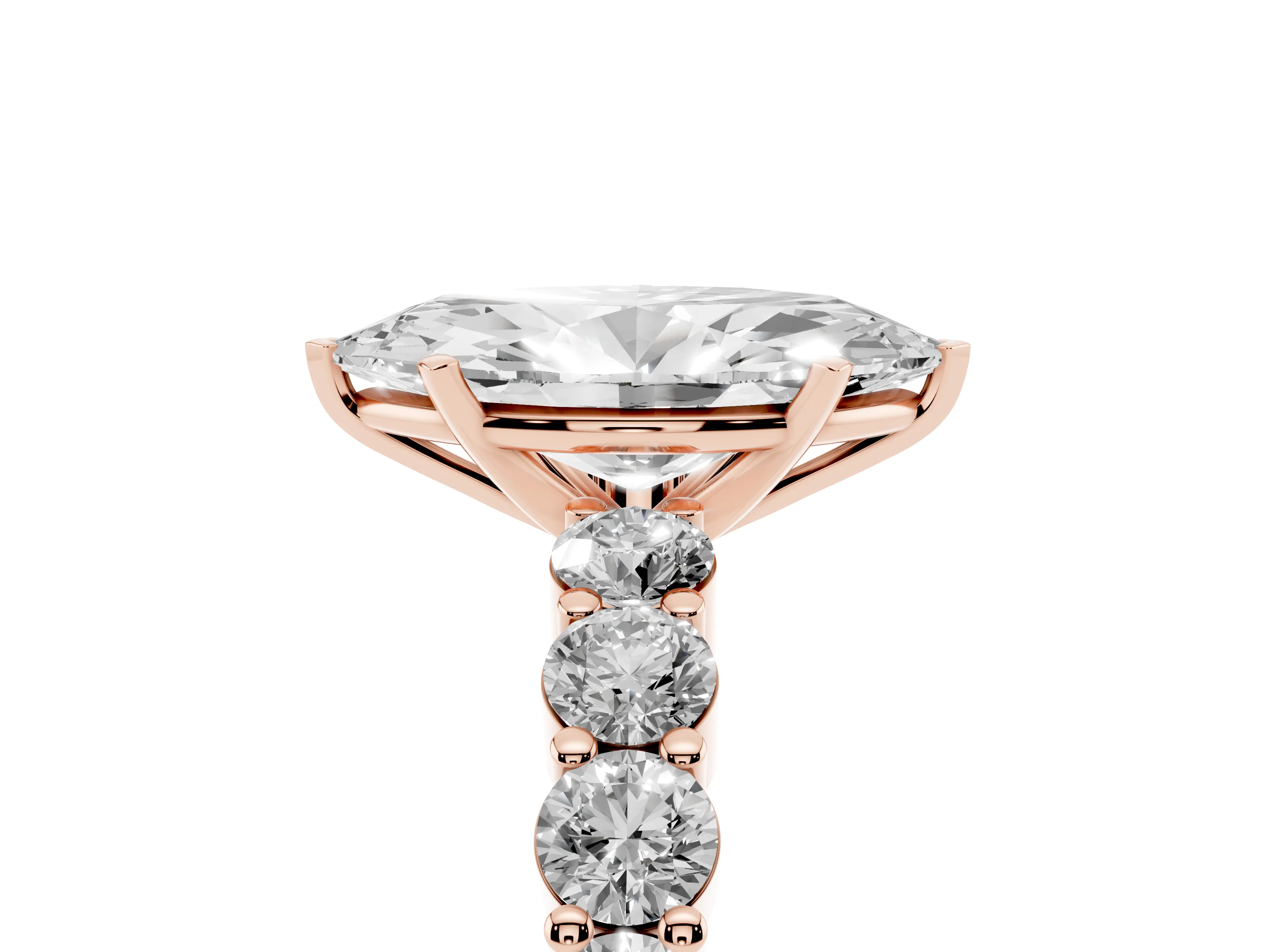 Marquise Cut Diamond Solitaire Ring Set in Rose gold with Shared Prong Round Side Stones