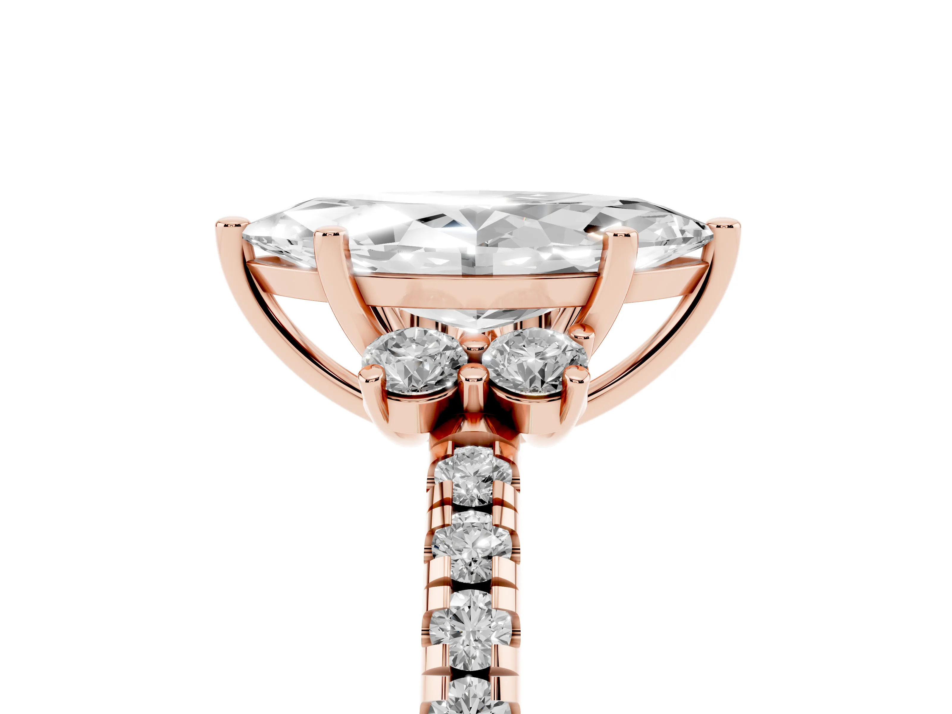 Marquise Cut Diamond Three-Stone Pavé Ring Set in Rose gold with Prong Setting