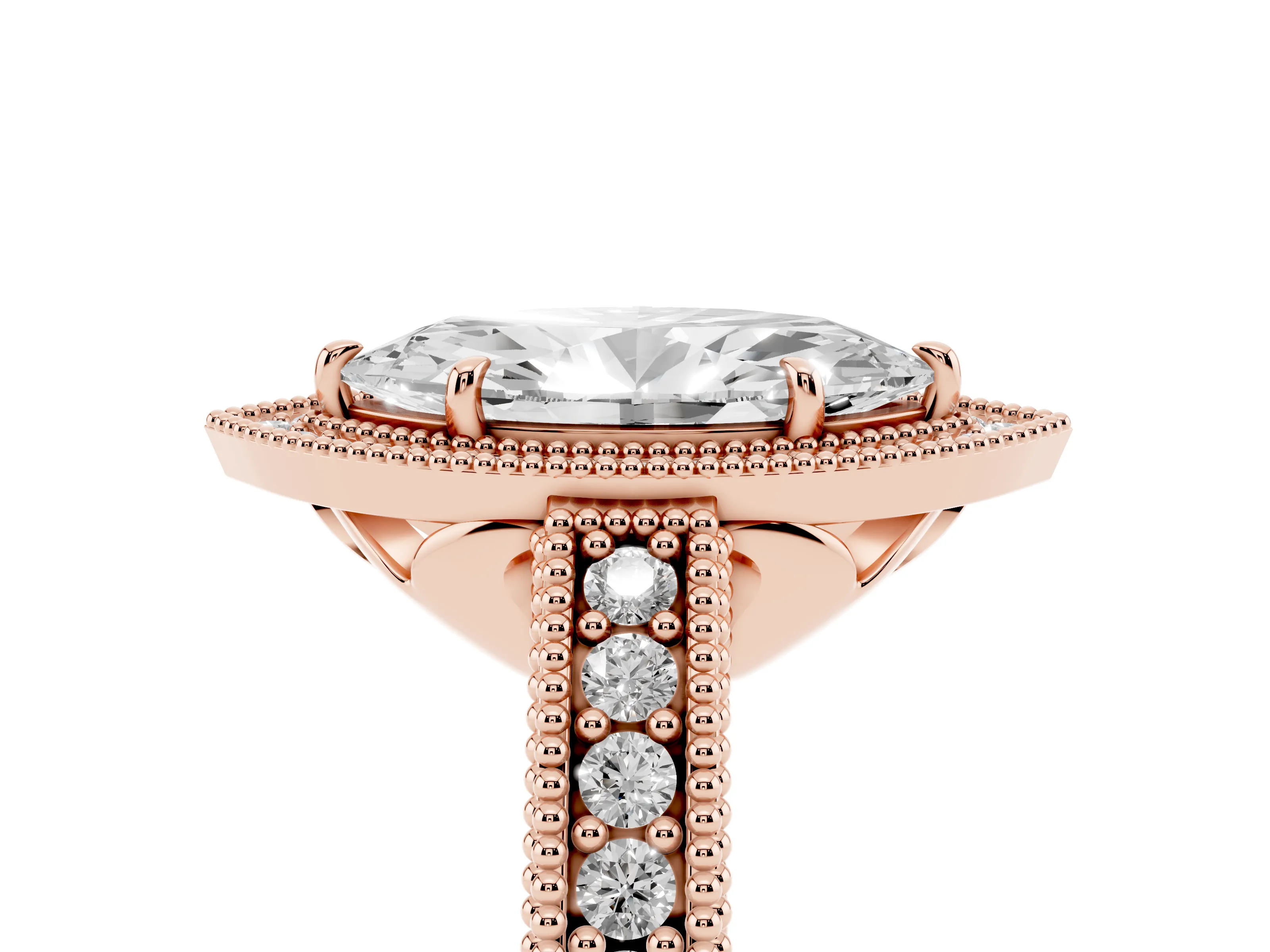 Marquise Cut Diamond Halo Ring Set in Rose gold with Round Accent Halo, Pavé Band and Prong Setting
