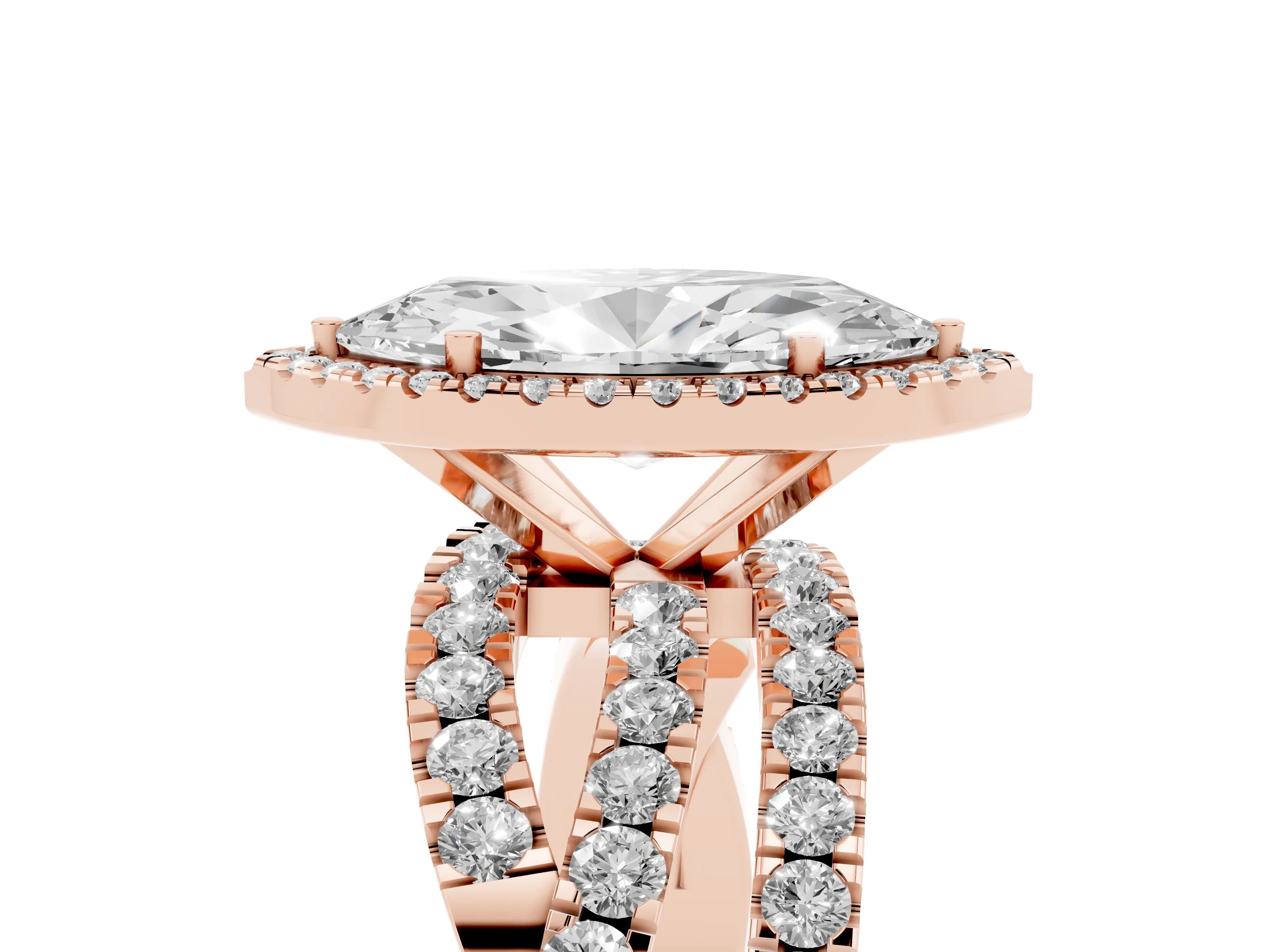 Marquise Cut Diamond Halo Ring Set in Rose gold with Round Crossover Split Shank and Prong Setting