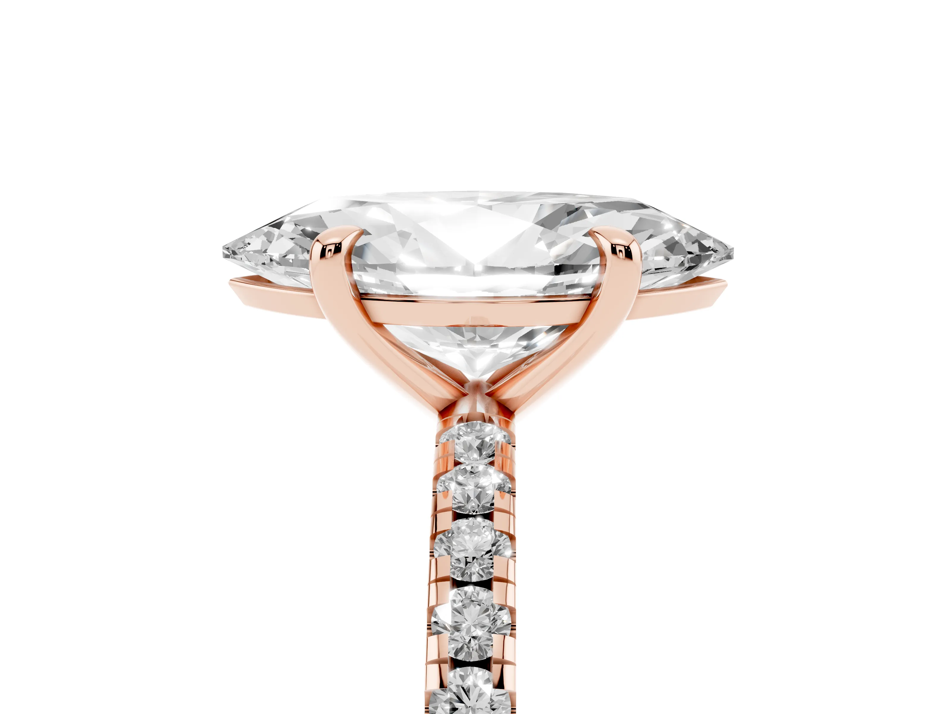 Marquise Cut Diamond Brilliant Solitaire Ring Set in Rose gold with Pavé Band and Prong Setting