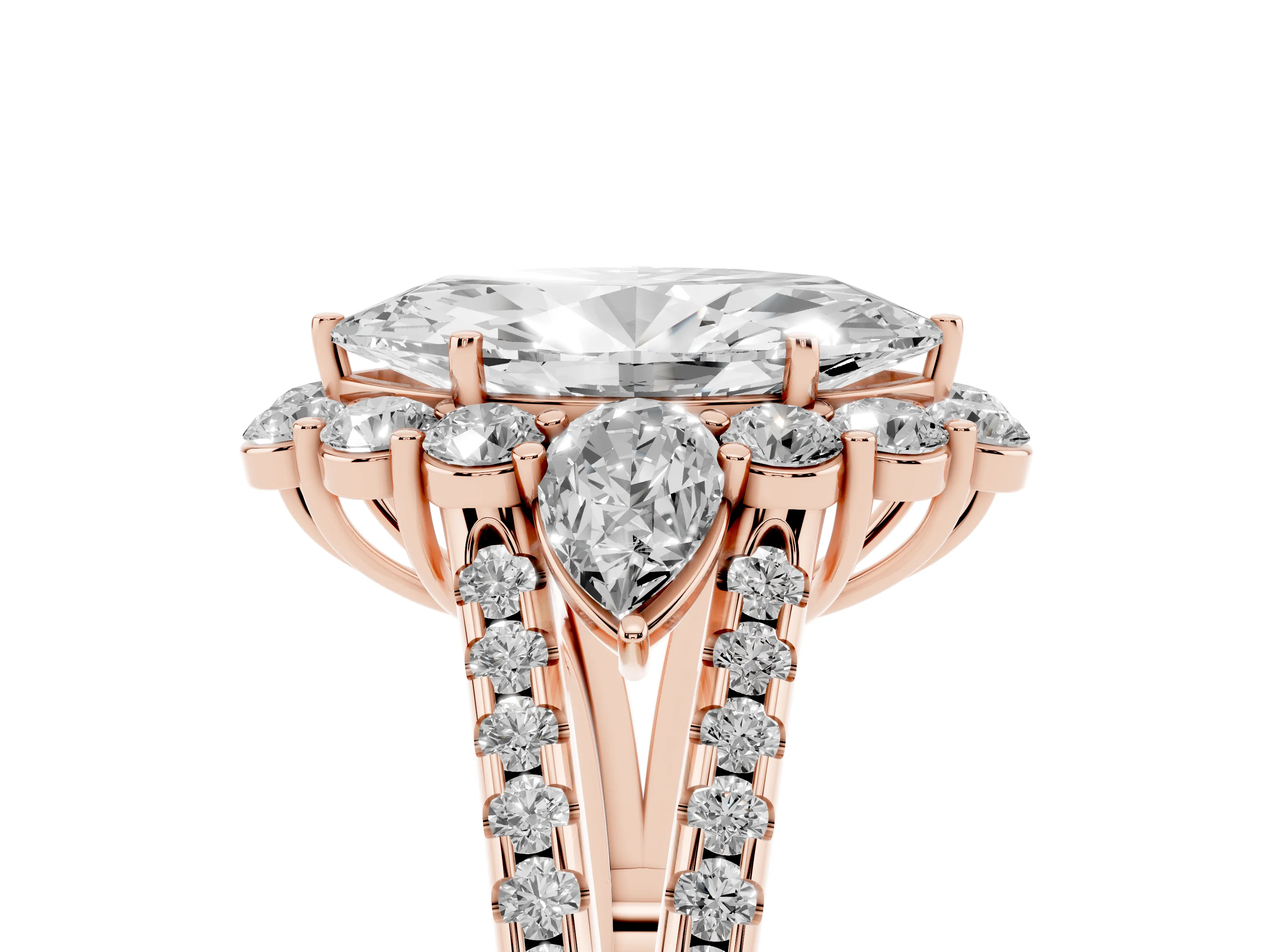 Marquise Cut Diamond Halo Split Shank Engagement Ring Set in Rose gold with Prong-Held Center Stone