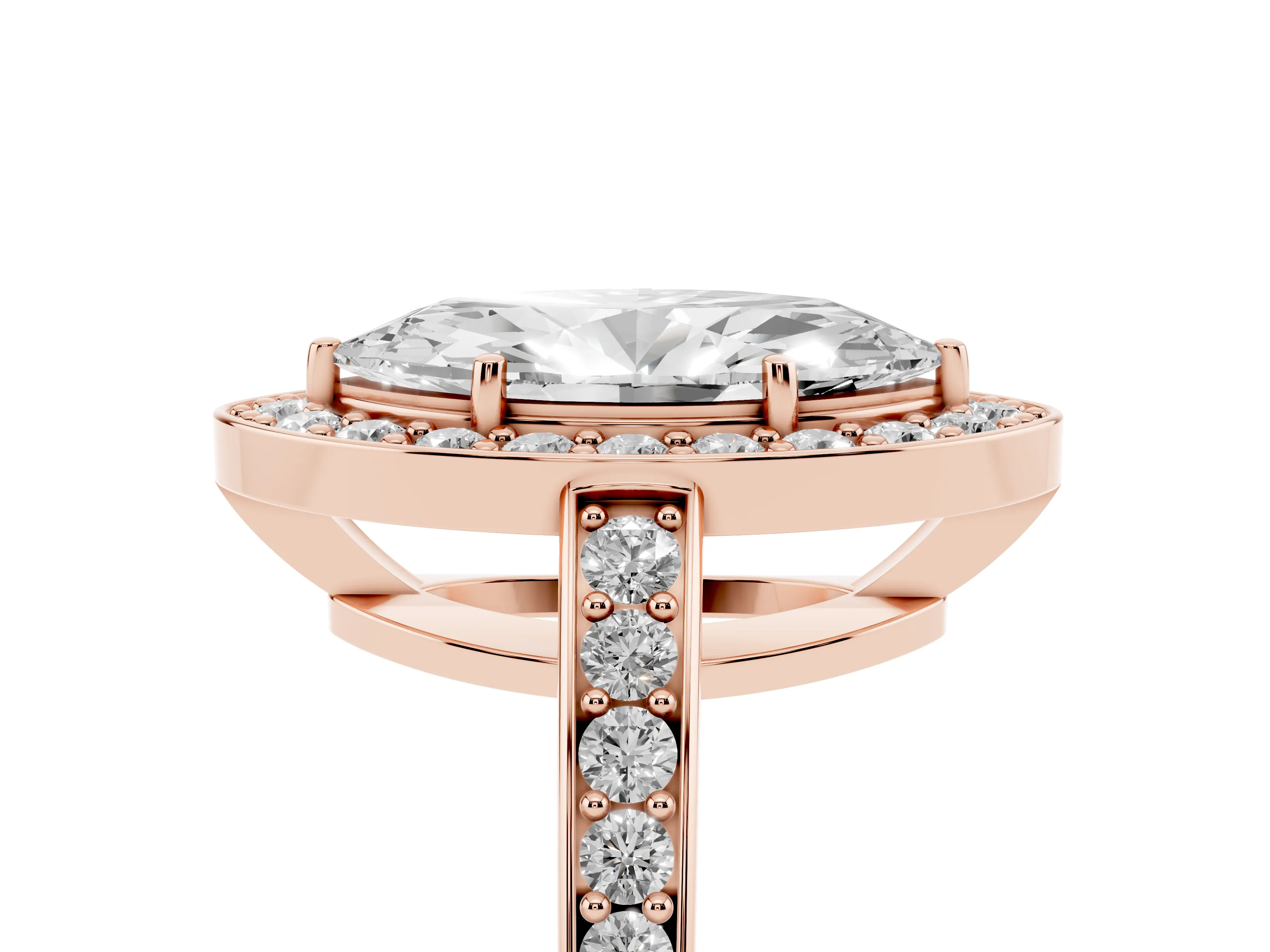 Marquise Cut Diamond Halo Pavé Engagement Ring Set in Rose gold with Bezel Setting