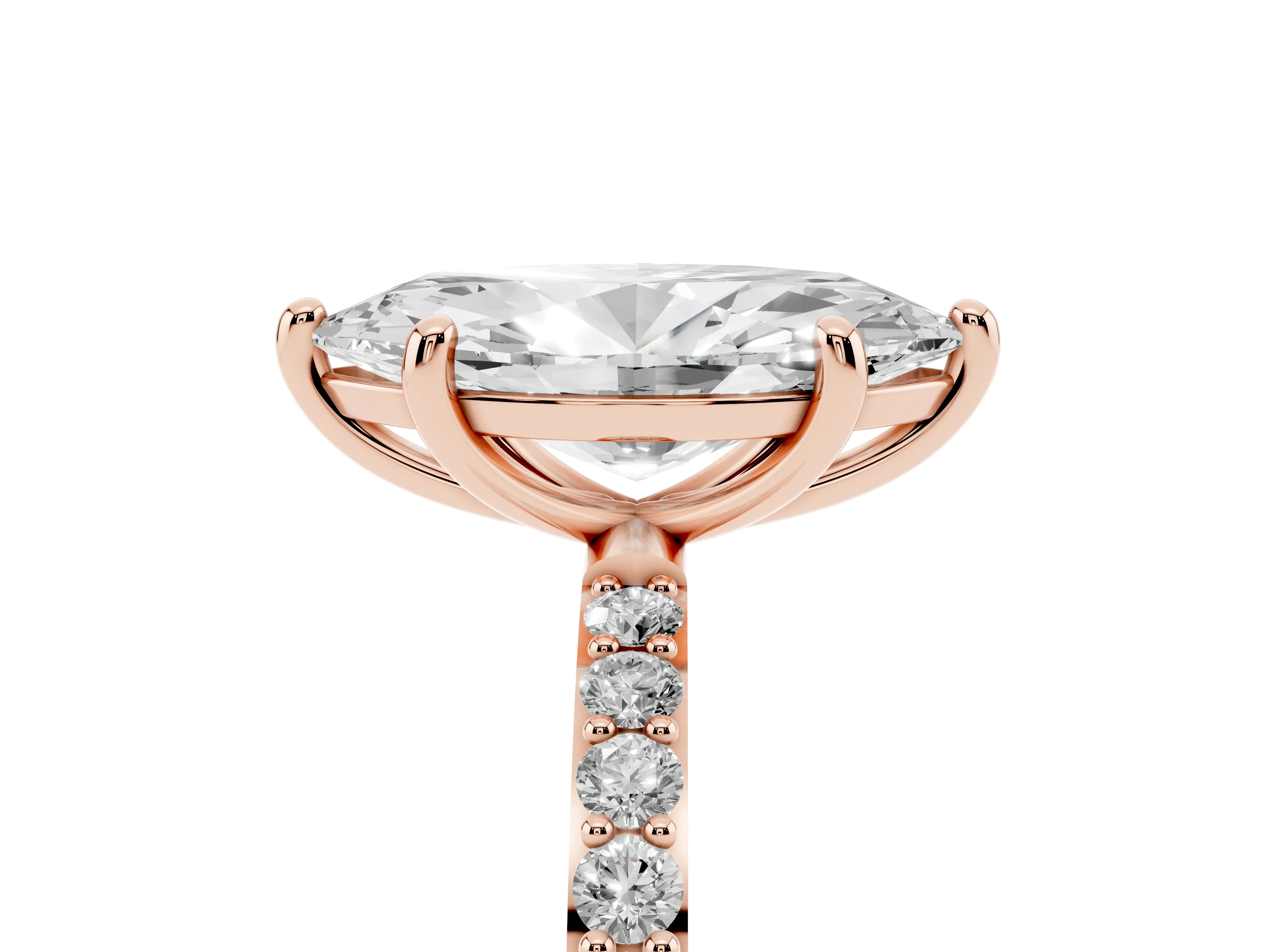 Marquise Cut Diamond Solitaire Ring Set in Rose gold with Round Pavé Band and Prong Setting