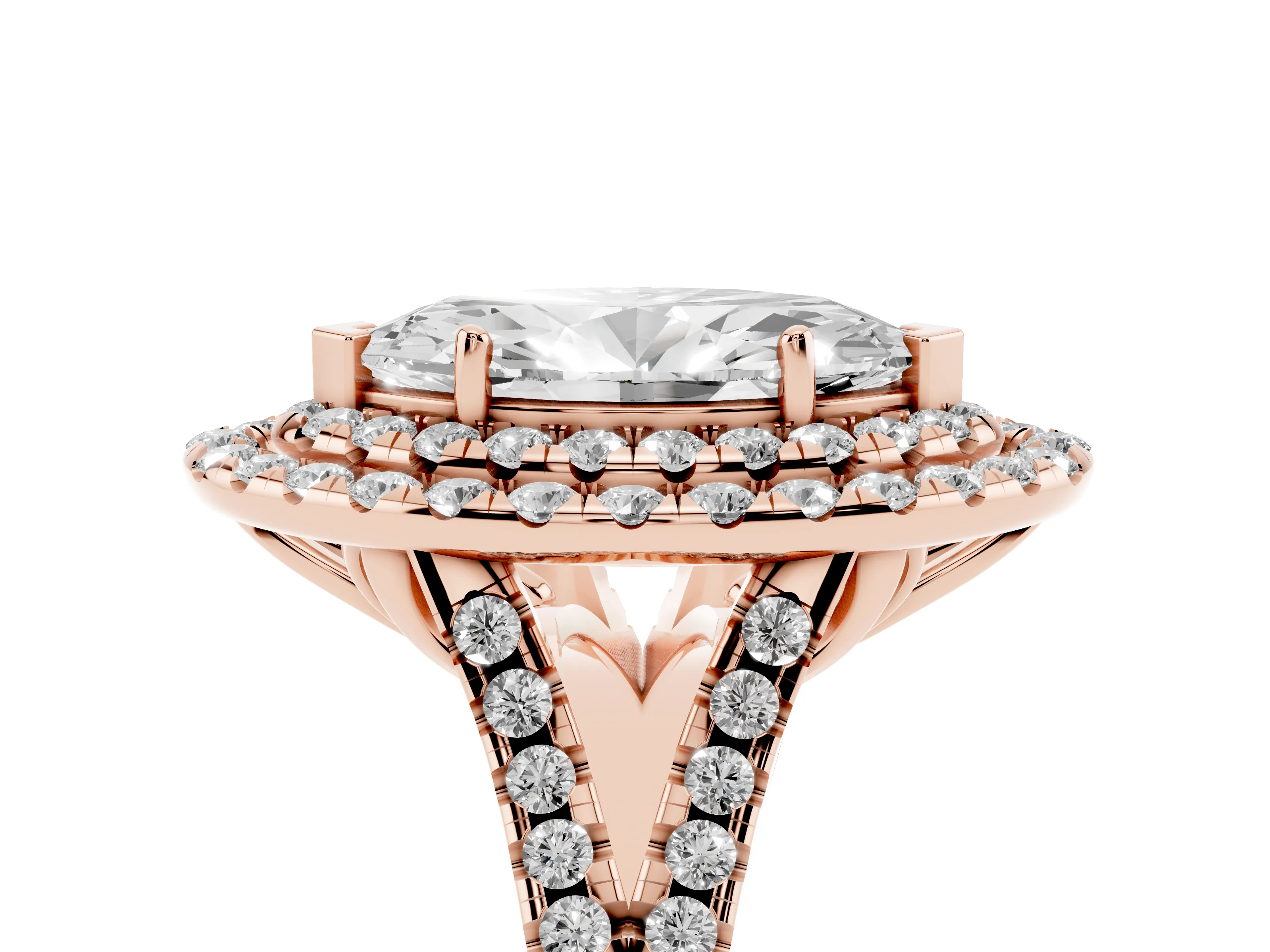 Marquise Cut Diamond Double Halo Ring Set in Rose gold with Pavé Split Shank and Prong Setting