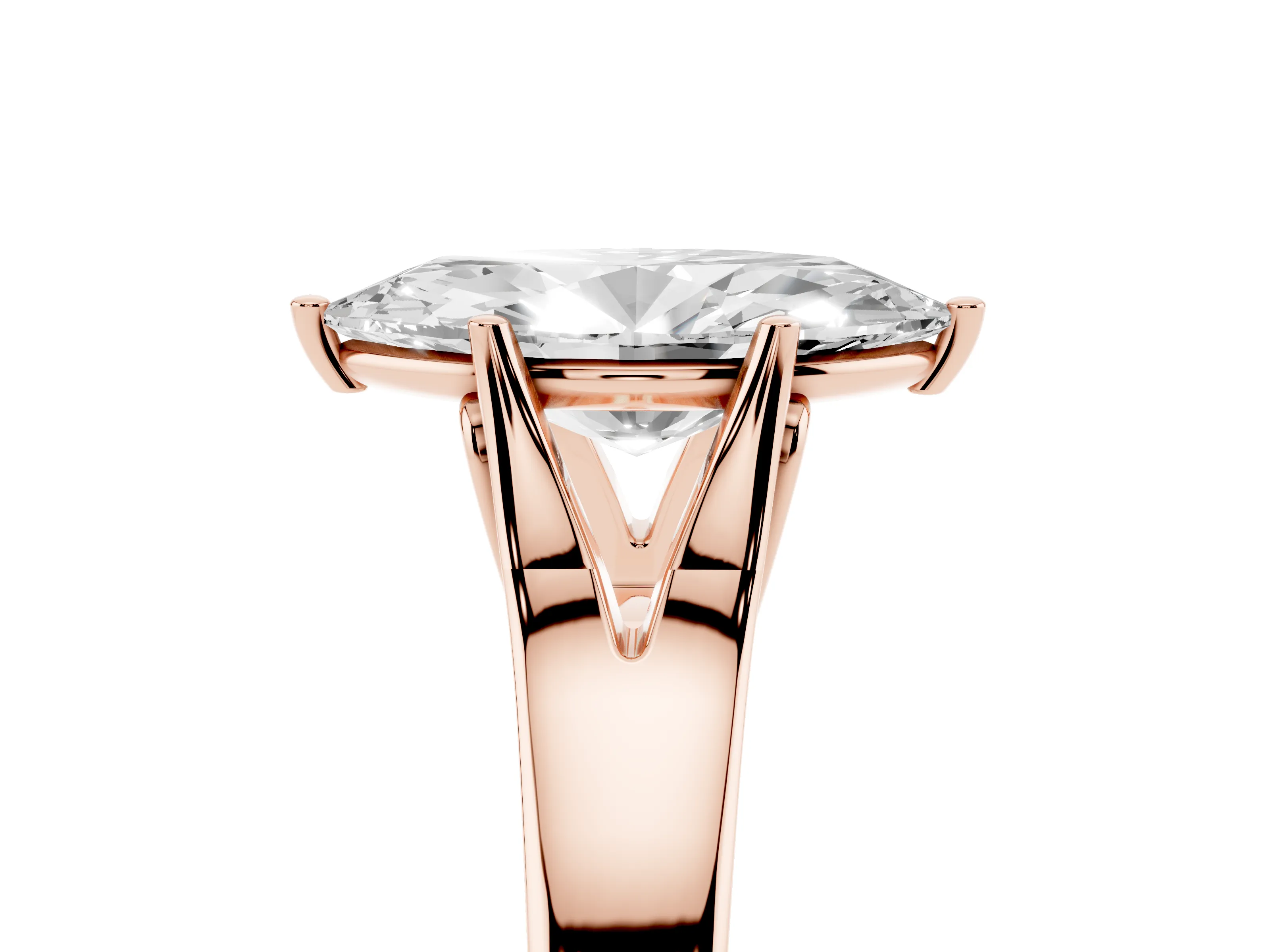 Marquise Cut Diamond Solitaire Ring Set in Rose gold with Arched Cathedral Band and Prong Setting