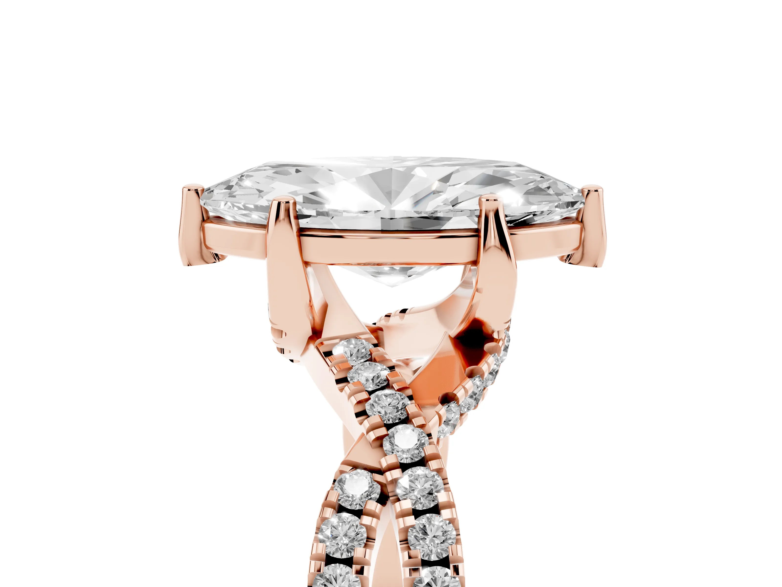 Marquise Cut Diamond Twist Pavé Solitaire Engagement Ring Set in Rose gold with Prong Setting