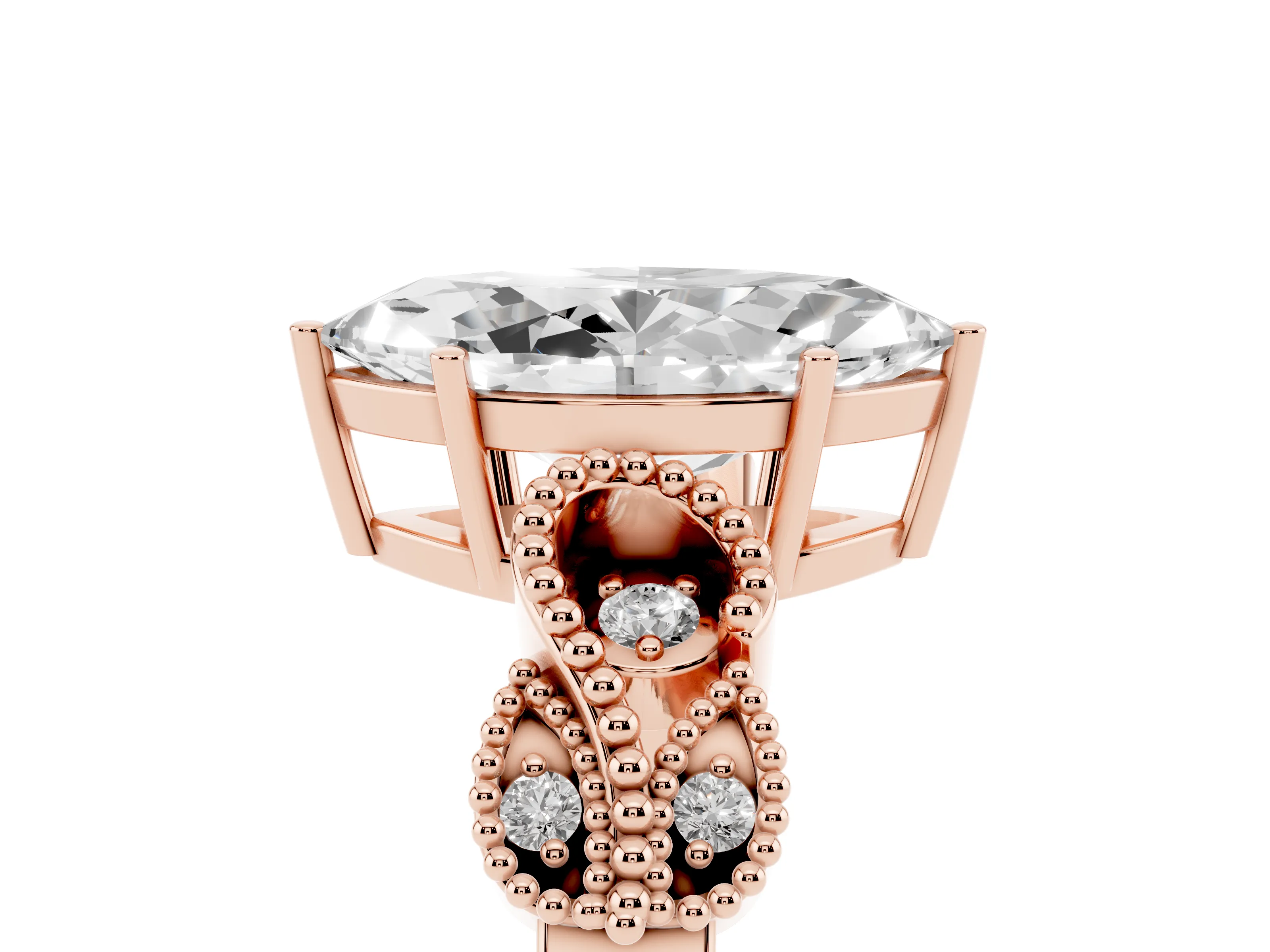 Marquise Cut Diamond Milgrain Leaf Band Solitaire Ring Set in Rose gold with Accent Stones and Prong Setting